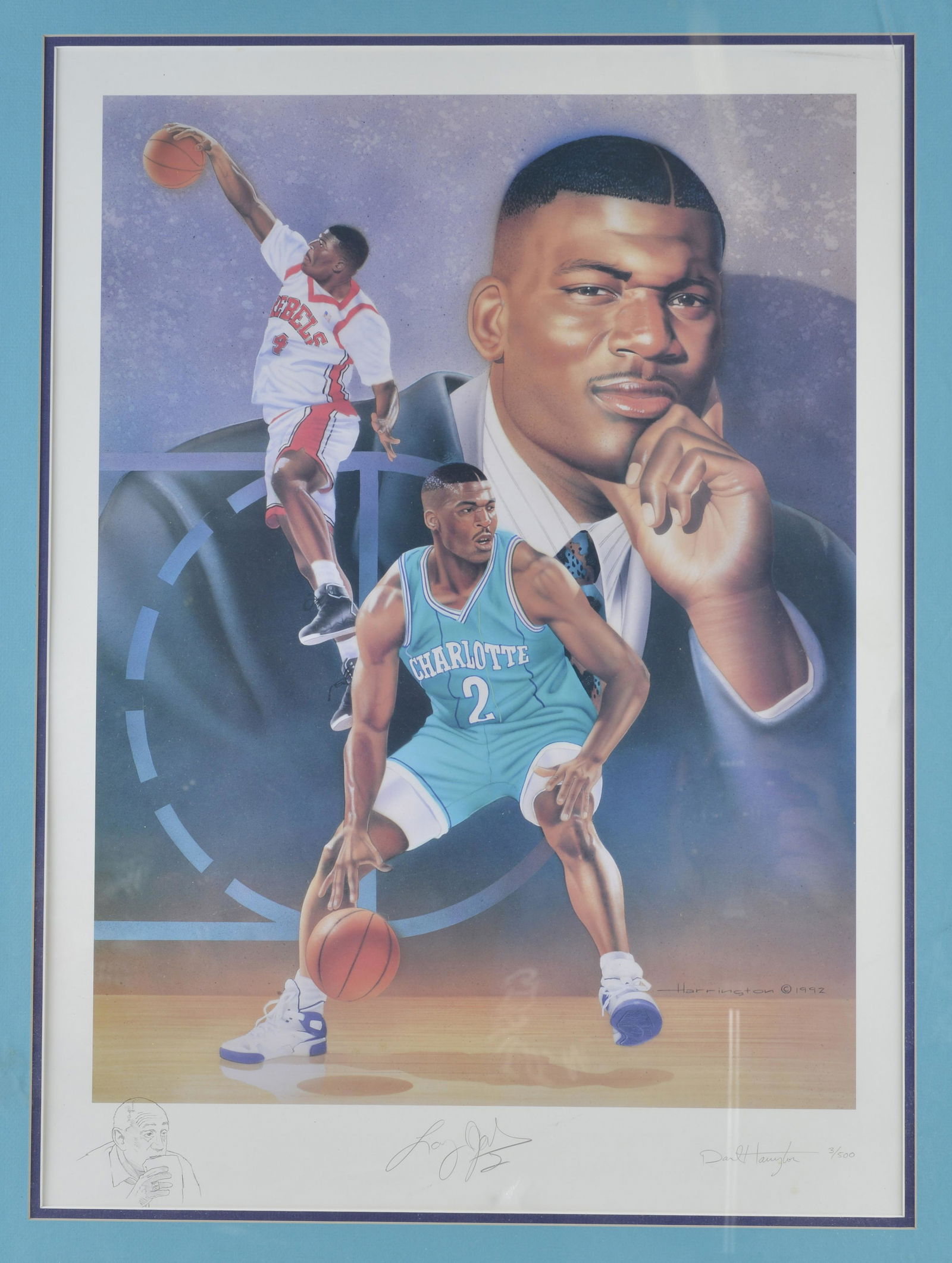 DAVID HARRINGTON MONTAGE OF NBA STAR LARRY JOHNSON 1992: print on paper. Original hand signatures by artist & player Larry Johnson, SN 3/500. Framed 33.25" x 26.5".