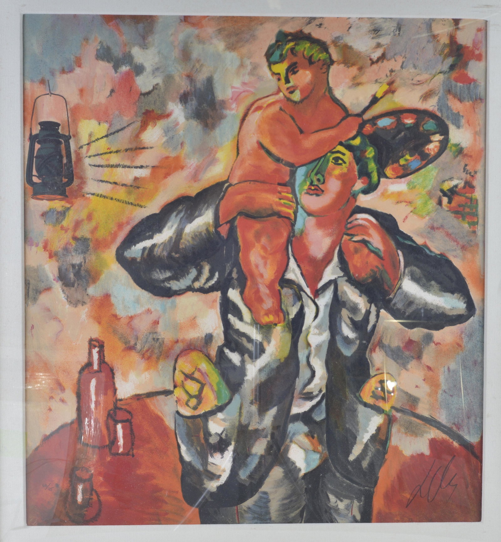 POST IMPRESSIONIST SERIOGRAPH OF MAN W/ CUPIDESQUE CHILD ON SHOULDERS: seriograph. Signed (indecipherable), SN 68/75. Framed 36.5" x 33.75".