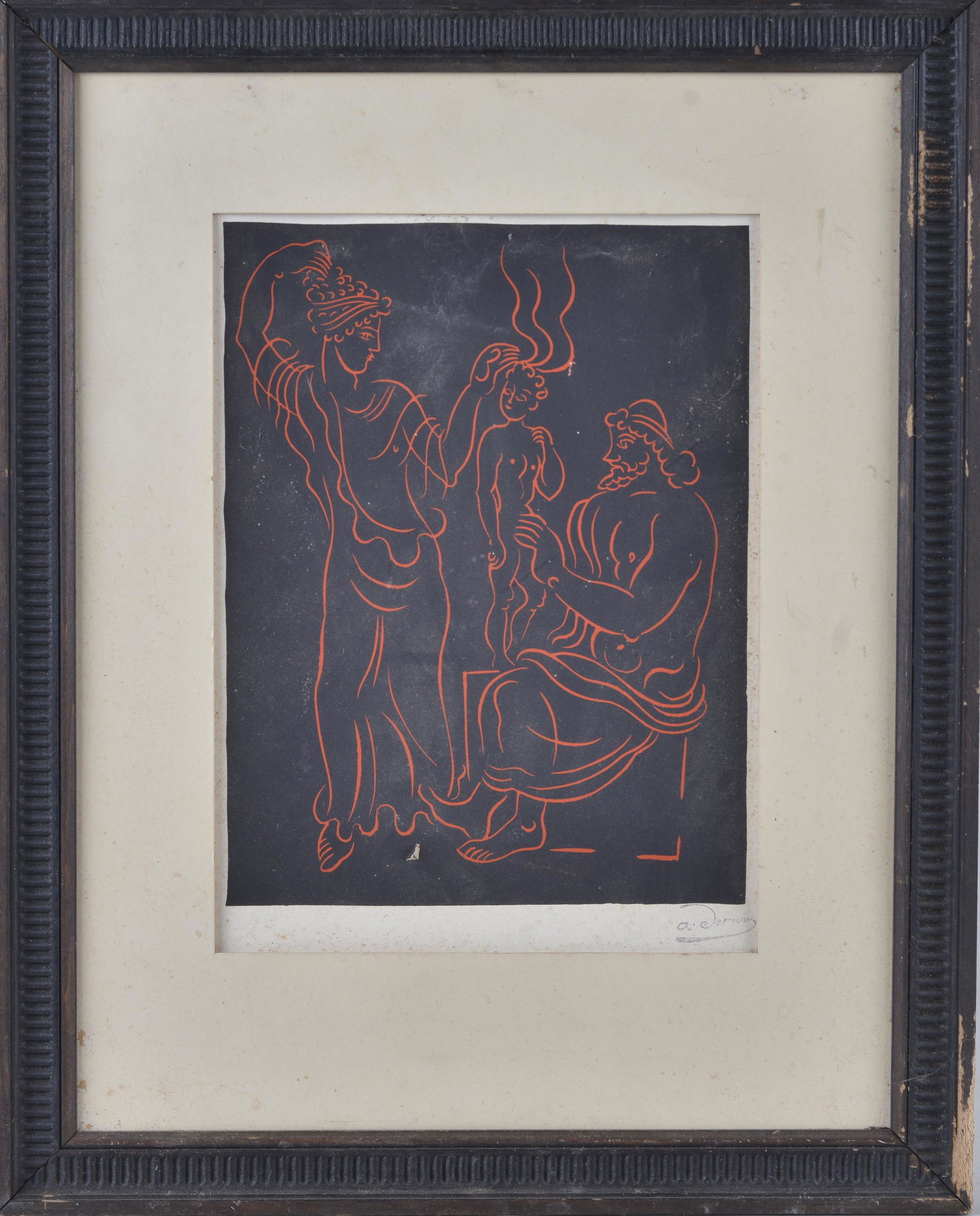 ANDRE DERAIN 'L'ENFANT' (title) ANCIENT GREEK SCENE HOMAGE PRINT PLATE: print based upon original wood engraving. Per cerfiticate on reverse, this states that print was made after the artist's death in 1954 in his honor. Framed 20" x 16.25''.