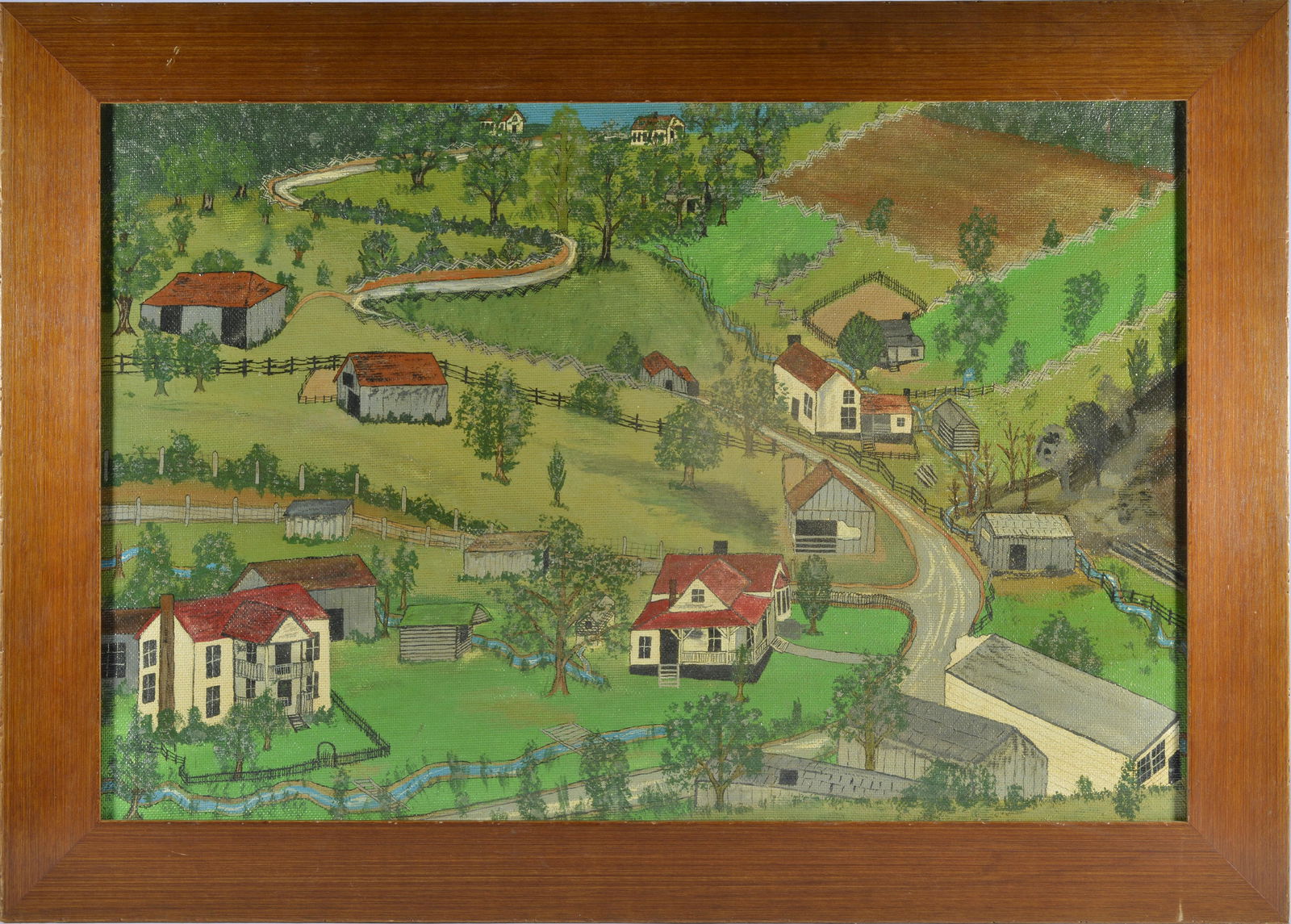 BIRDS EYE VIEW OF COUNTRY VILLAGE: oil on masonite. Not signed. Framed 25" x 35".