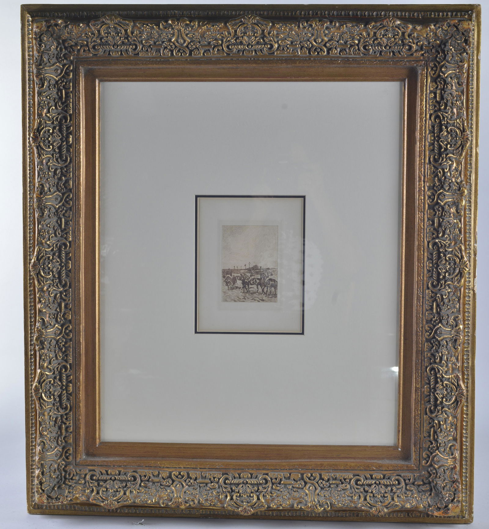 JOHN LEWIS BROWN 'CHAVAUX DE COURSE' HORSES IN DESERT: dry point etching on paper. Per CA on reverse (w/ detailed information), created on 3/2/2006 after John Lewis Brown original circa 1892. Framed 32.75" x 28.75".