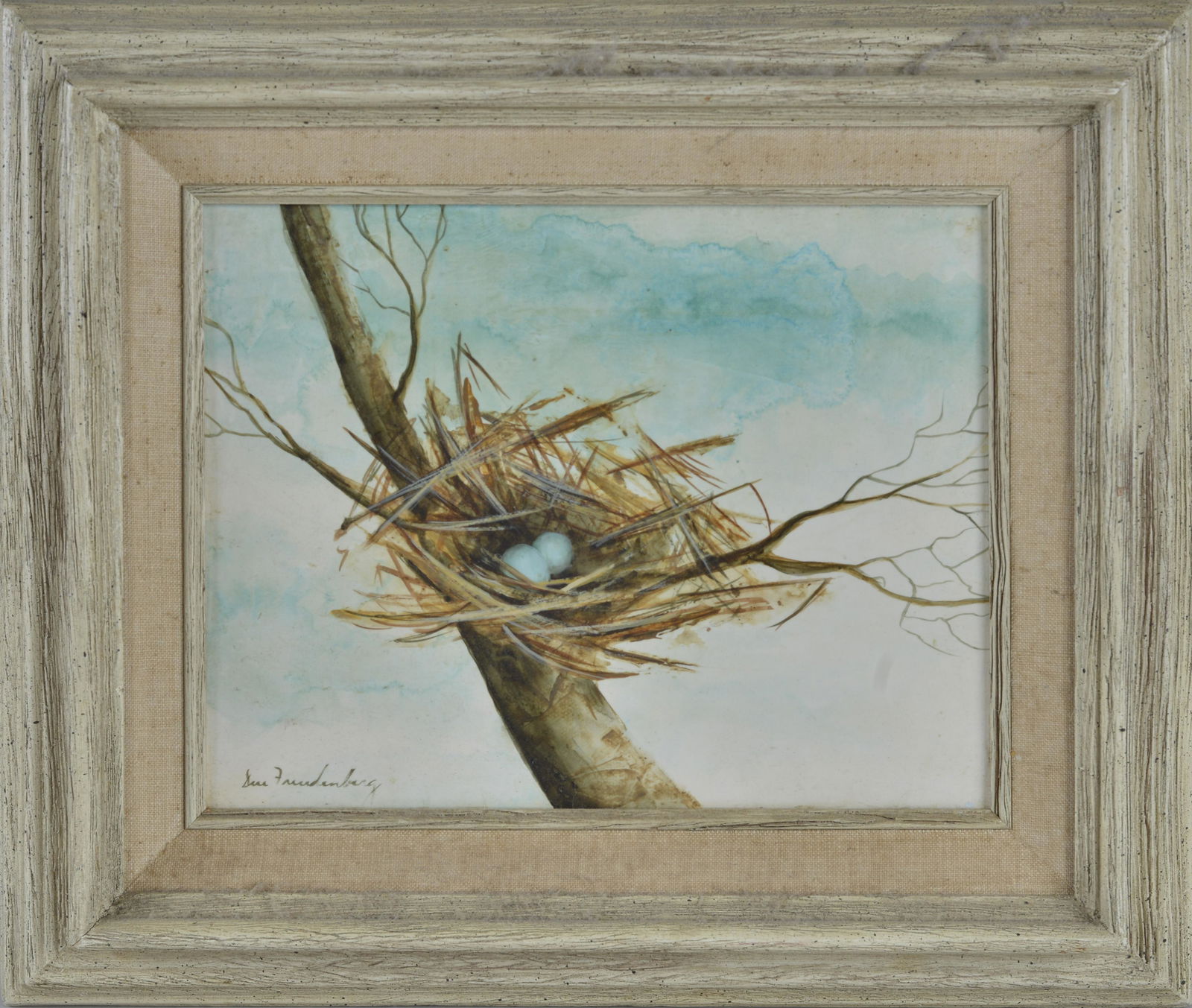 SUE FRUEDENBERG (1933-2019): watercolor on canvas of birds nest on tree limb. 8" x 10". Overall dimensions 12.75" by 14.75".