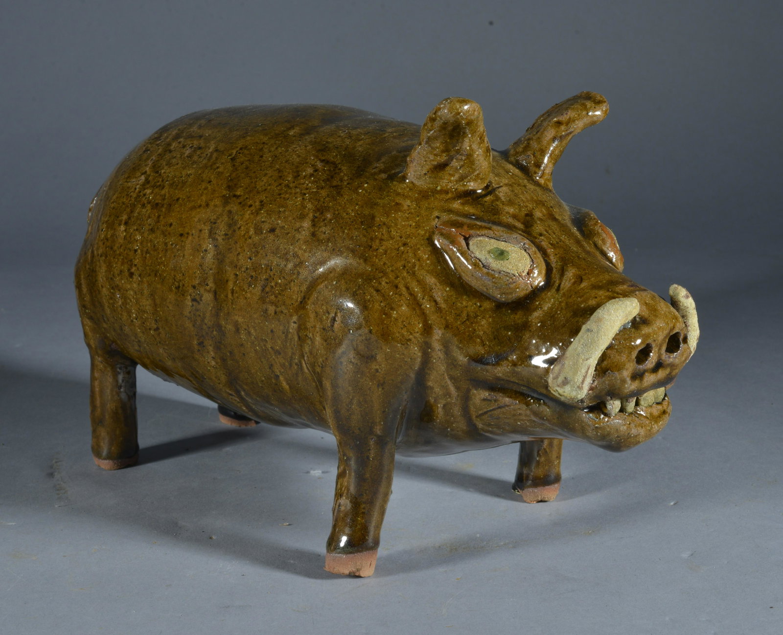 Reggie Meaders Pottery Boar Alkaline Glaze: Another great example of an animal folk pot by GA potter Reggie Meaders. Alkaline glaze, hence possibly fired in his son David's kiln. Not likely Lanier's, but also possible. Signed on underside, date