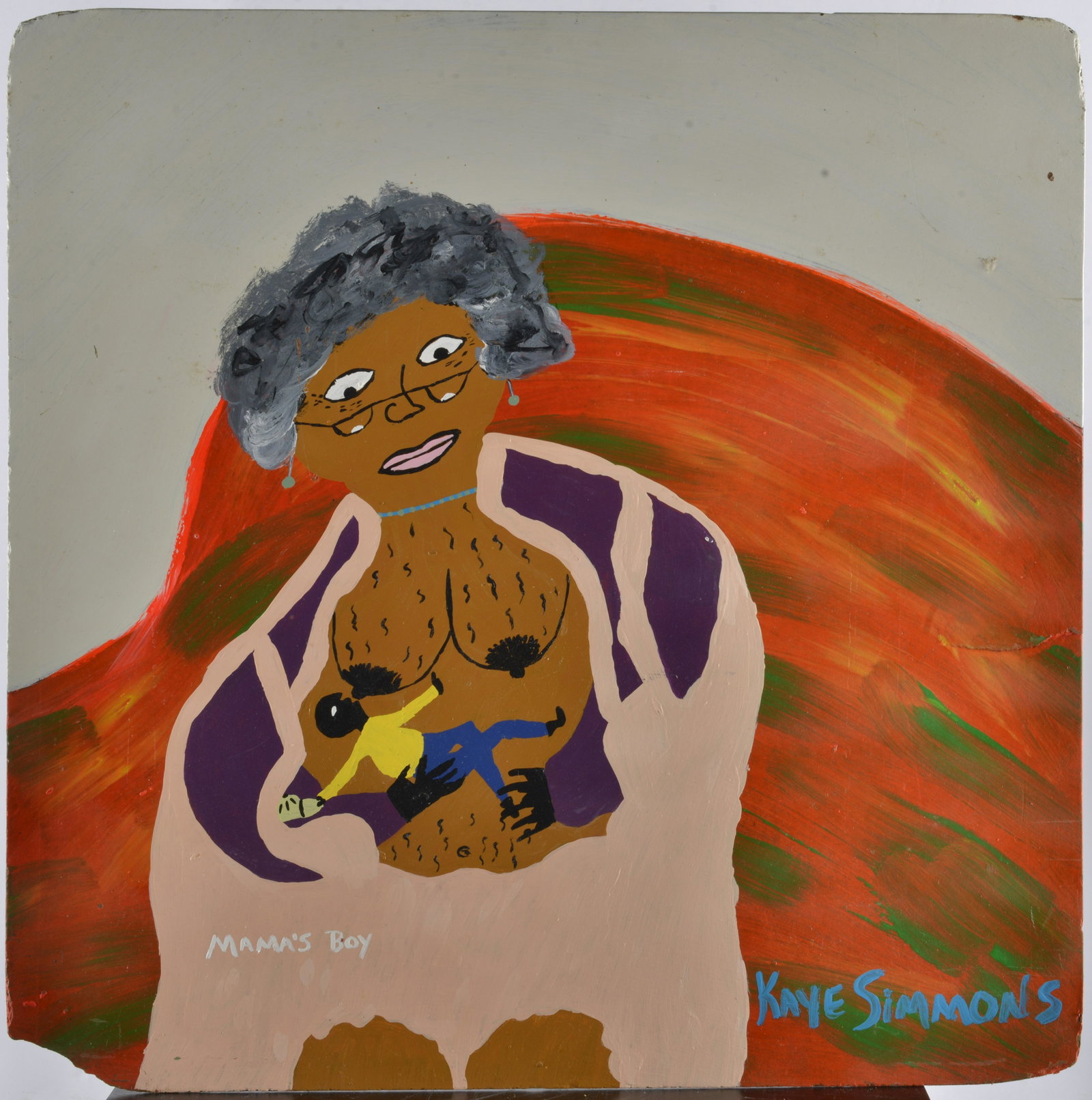 Kaye Simmons Folk Art Painting: Kaye Simmons is was married to Kevin Simmons who was Charles Simmons Son. African American stone Carver Charles Simmons worked along side Raymond Coins, who was also a wood carver and prolific painter