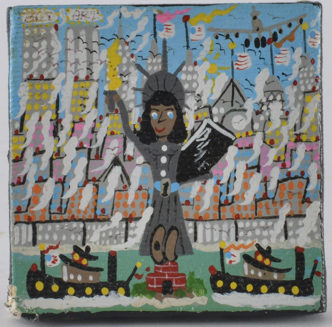 Benny Carter (1943 - 2014) miniature folk art painting: painting on canvas, very small. This is one of Benny Carter's official miniature paintings. Signed lower left. This was painted between late 1999 and before sept 11 2001. take note of the twin towers 