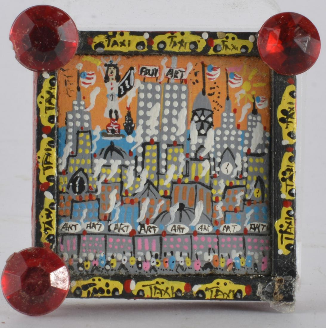 Benny Carter (1943 - 2014) miniature folk art painting: painting on wood board, very small. This is one of Benny Carter's official miniature paintings. Signed lower left. This was painted between late 1999 and before sept 11 2001. take note of the twin tow