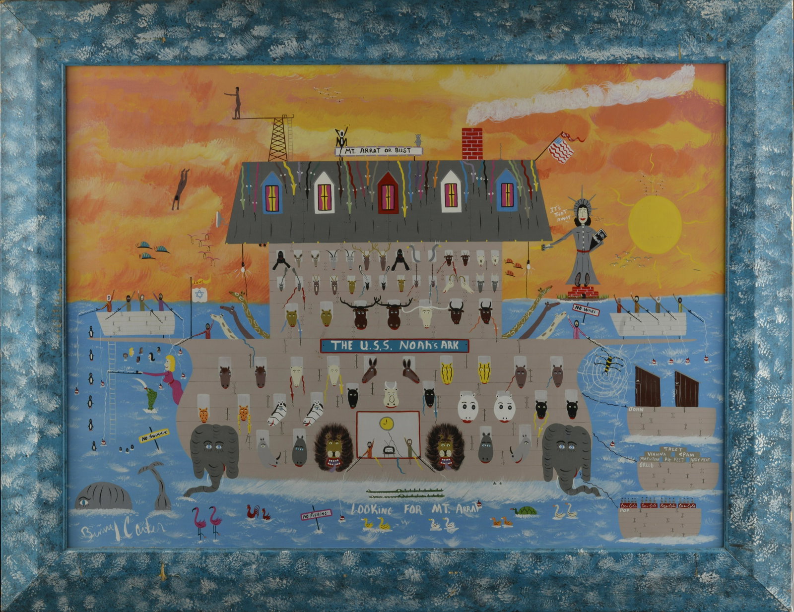 Benny Carter (1943 - 2014) Noah's Arc: large painting on wood. A rare version of Noah's Arc. Signed bottom left. So much fun going on in the painting. Diving off the top left, fishing on both sides, the snakes running down the roof. Take n