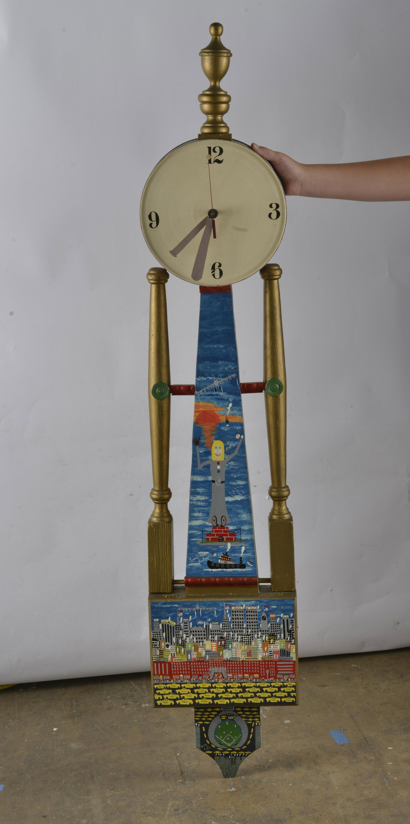 Benny Carter (1943 - 2014) rare baseball clock: large clock with a great painting of New York City on the bottom and a baseball game at the very bottom. Ca. 1999 - 55"H