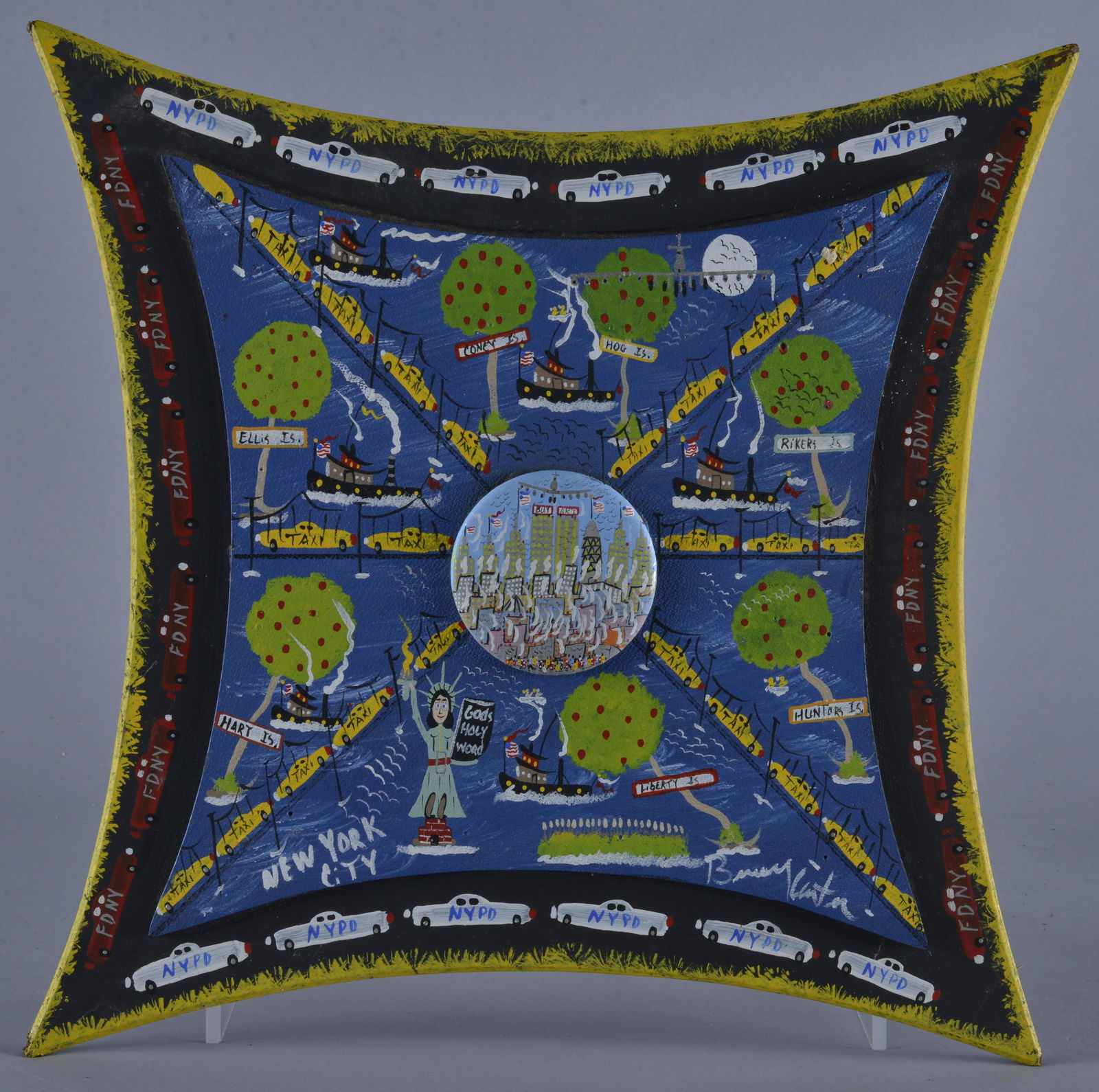 Benny Carter (1943 - 2014) Folk Art Painting: paint on panel board, miniature button glued to painting. An original part of the painting. Signed lower right.- 15" with a 3" button