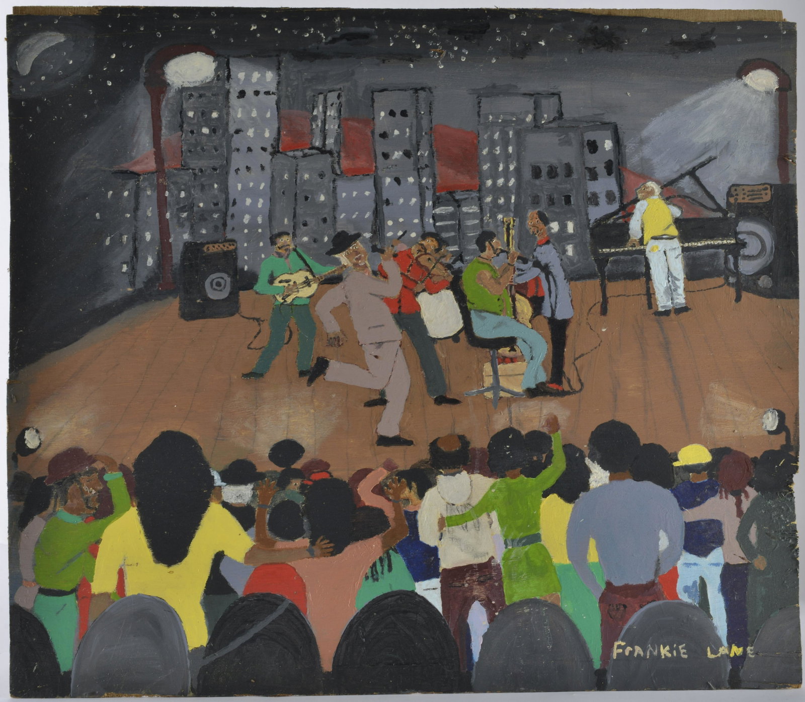 Frankie Lane Folk Art Painting: Frankie Lane is Arbon Lane's son. African American. Paint on wood panel, signed lower right. Dated 2009--30"W x 26"H