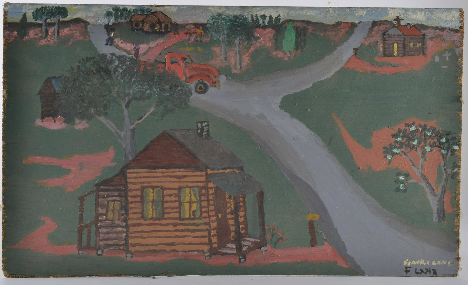 Frankie Lane Folk Art Painting: paint on wood panel, not framed, signed lower right, dated on back 2009- 26"W x 15 1/2"H