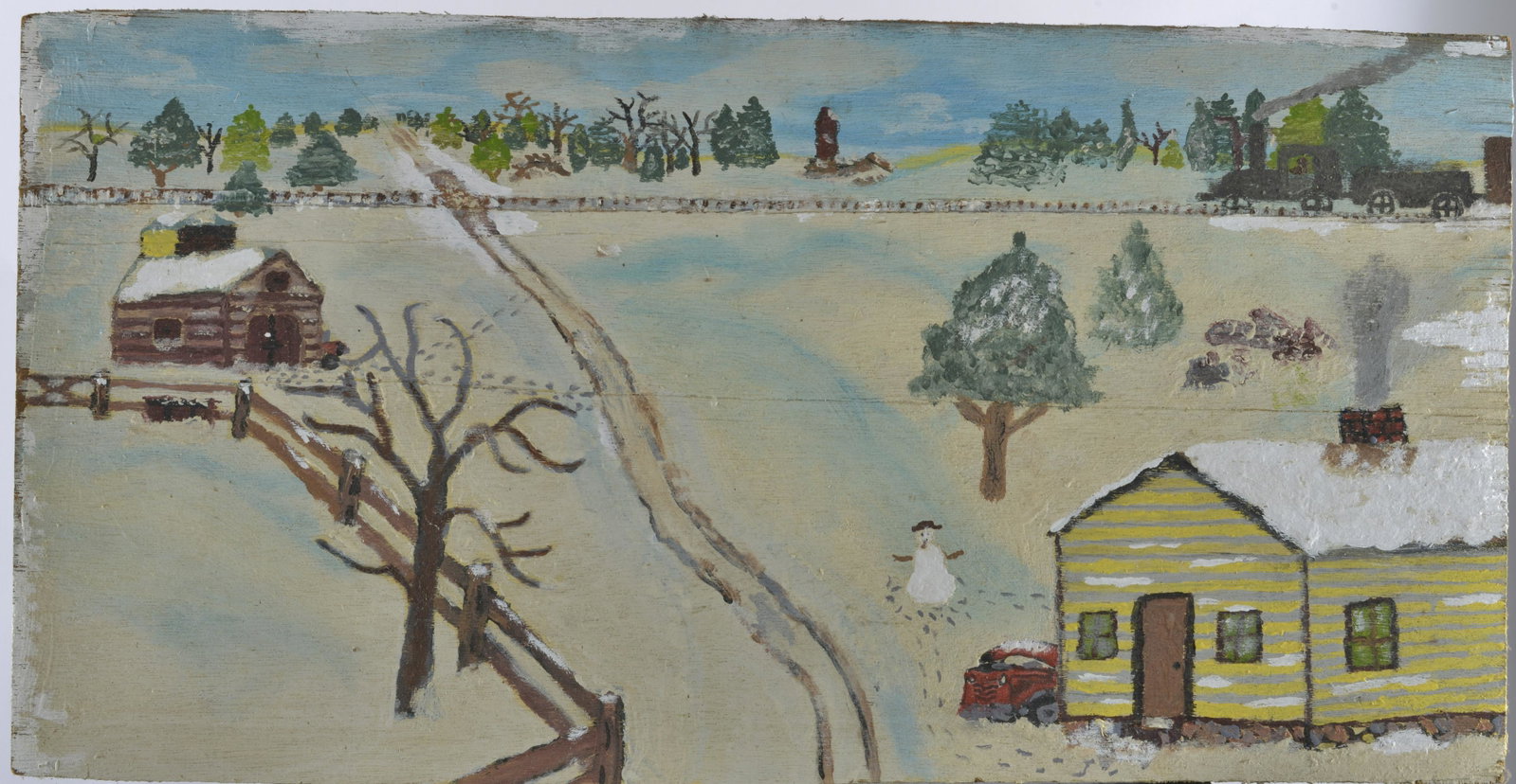 Frankie Lane Folk Art Painting: paint on plywood, signed on back. Frankie Lane was Arbon Lanes son.-28 3/4"W x 14 1/2"H