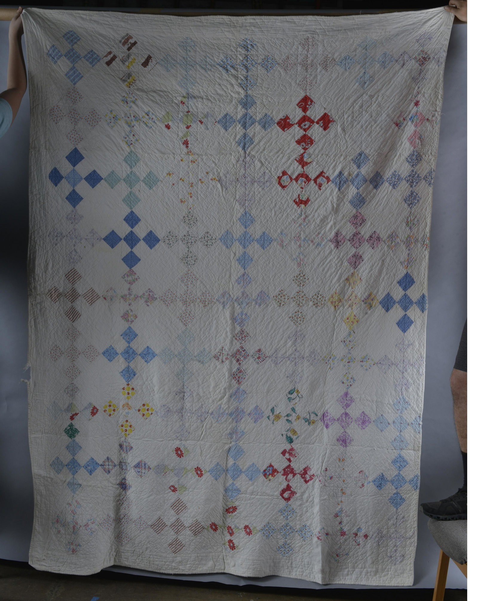 African American Quilt from South Carolina: picked by Ron Causey from an African American home near Pauly's Island where he lived. Quilt has some wear and damage please see photos- 64" x 84"
