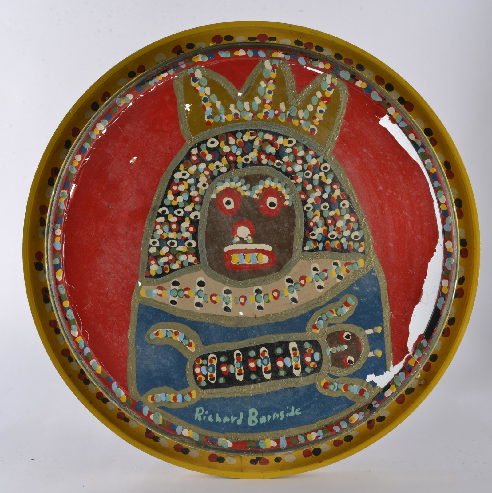 Richard Burnside: paint on round glass or fiber glass barrel top or port hole. Signed middle bottom.- 24"