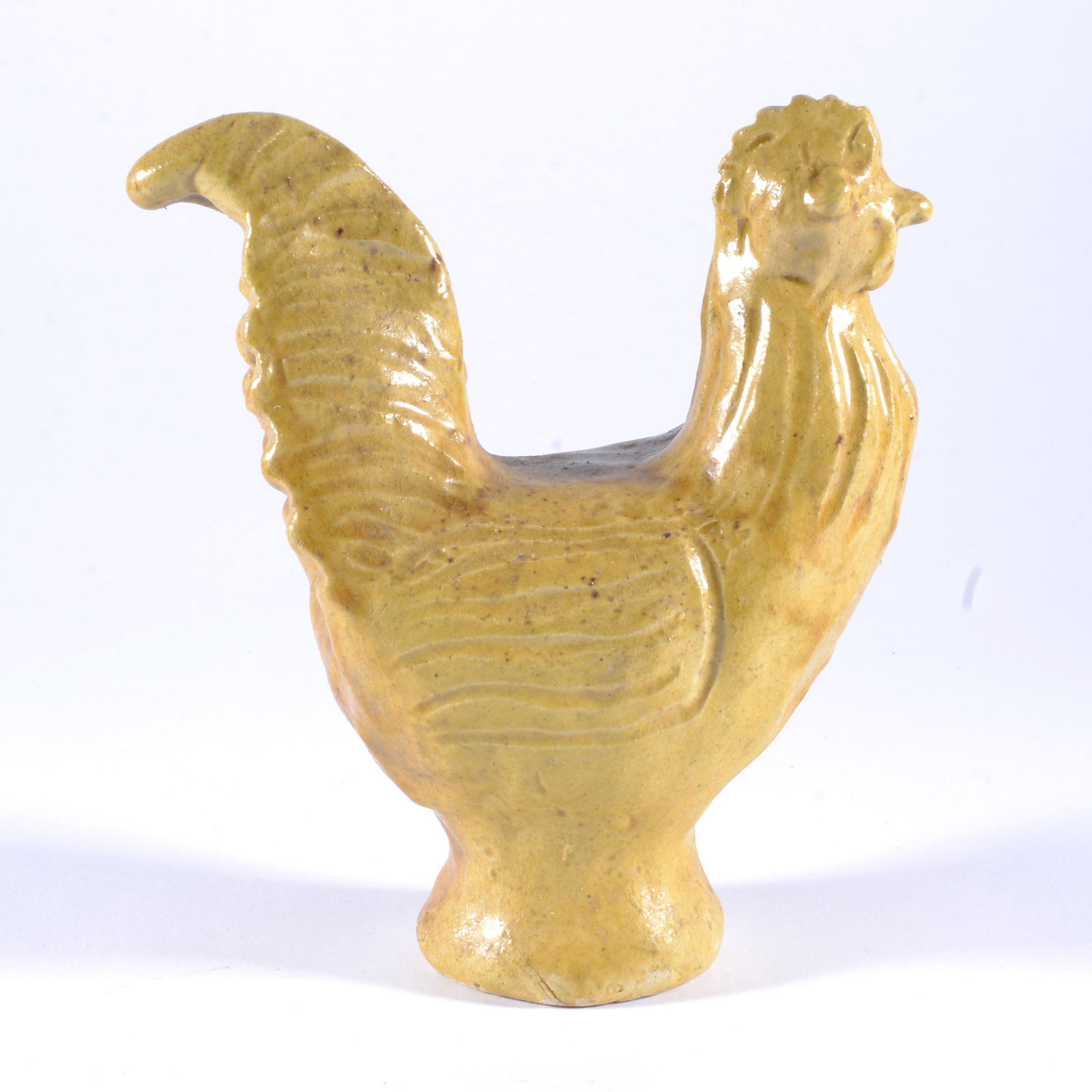 Charles Moore Mini Yellow Rooster Figural Folk Pottery: This unique smaller rooster was made after Charles Moore (b1935-d2007) opened up his own shop about across Jugtown about 1998. Ron Causey Jr was very close with Charles and called him Charlie.- 6" x 5