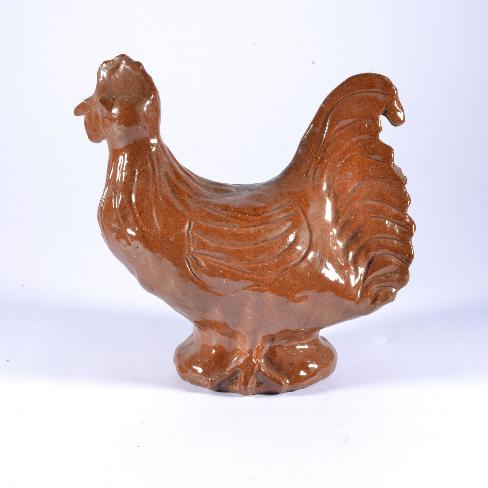 Charles Moore Tobacco Spit Roosting Rooster Figural Folk Pottery: Really fine example of Charles Moore's variation on the form of the rooster figural for which he became so well-known. Double stamped Jugtown, signed on base. Ron Causey Jr was very close with Charles