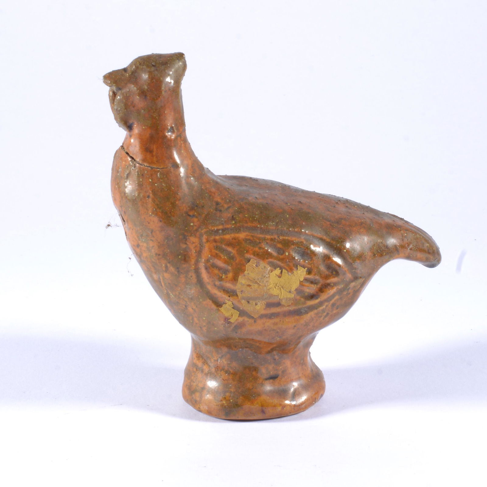 Charles Moore Bobwhite Quail Figural Salt Shaker Folk Pottery: Another variation, but such a classic form from Jugtown in employing an animal figural to create a salt shaker. Tobacco spit, the Jugtown stamp is somewhat clear under a thick glazed base. Overall ver