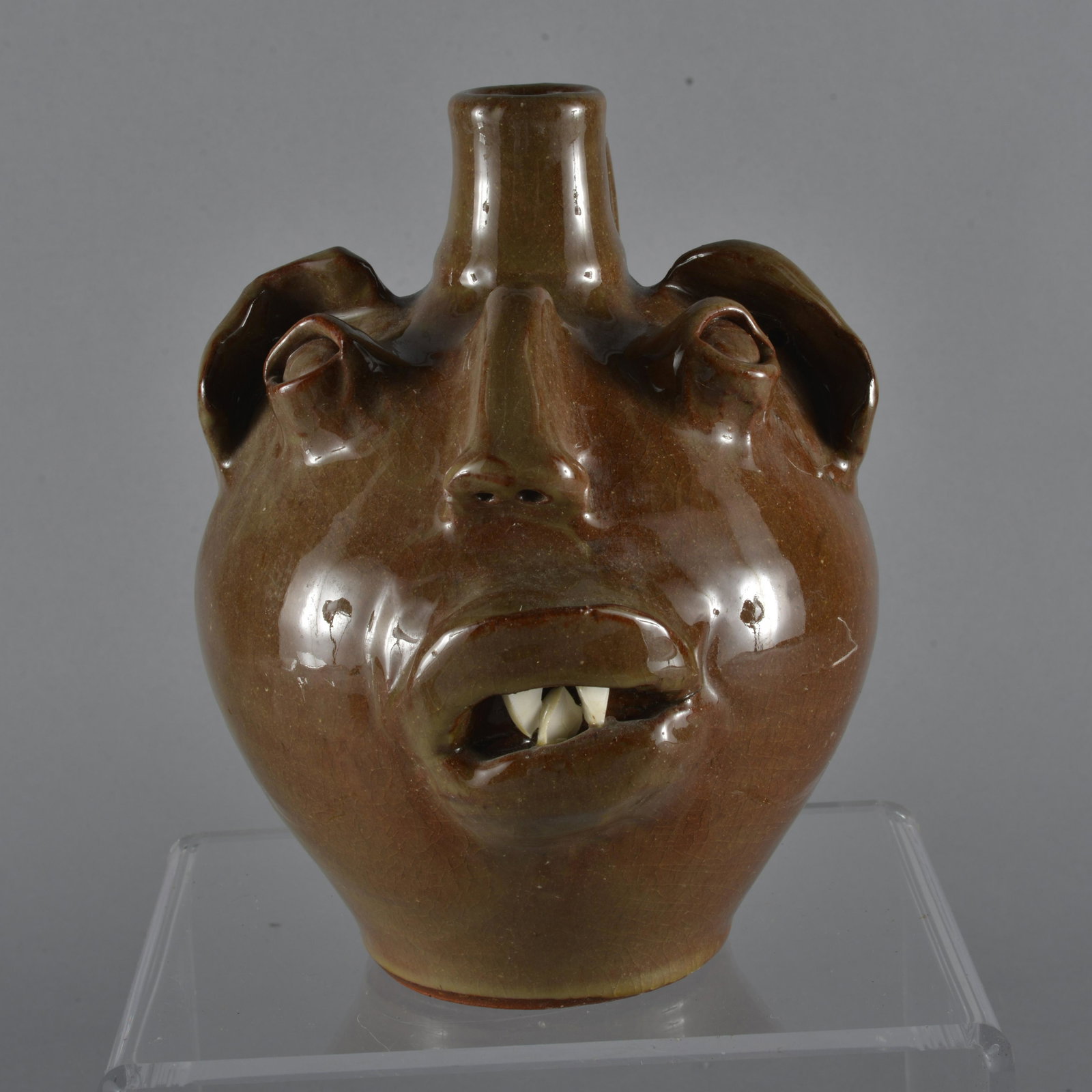 ML Owens Tobacco Spit Face Jug Dated 1952: Ron Causey purchased only legitimate folk art & pottery. Although the exact story as to where he found this is lost to history, it is an incredible and likely a historically significant face jug. It i