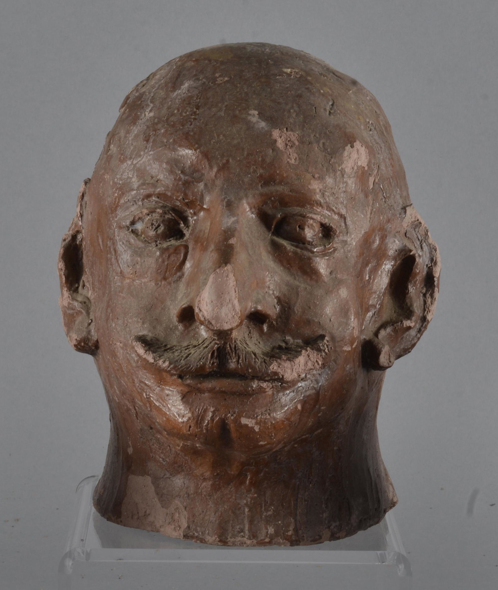 Sewer Tile Pottery Folk Art Face Sculpture 20th Century: Pottery head made from clay w/ a tremendous amount of facial detail. Mid 20th century. Overall good condition. Stands -8"H.