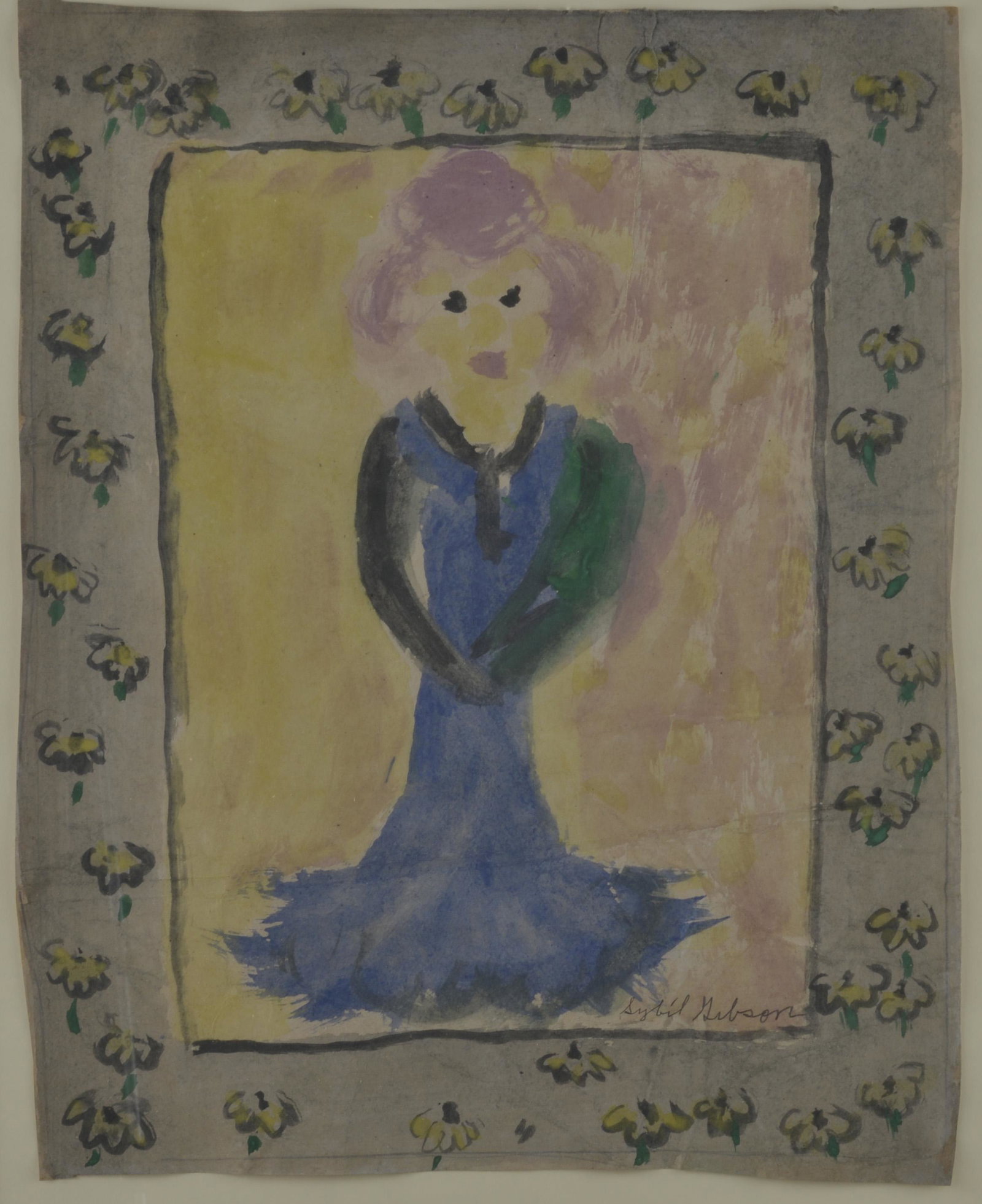 Sybil Gibson Folk Art Painting: paint on paper, signed lower right - Framed to 27" W x 32" H