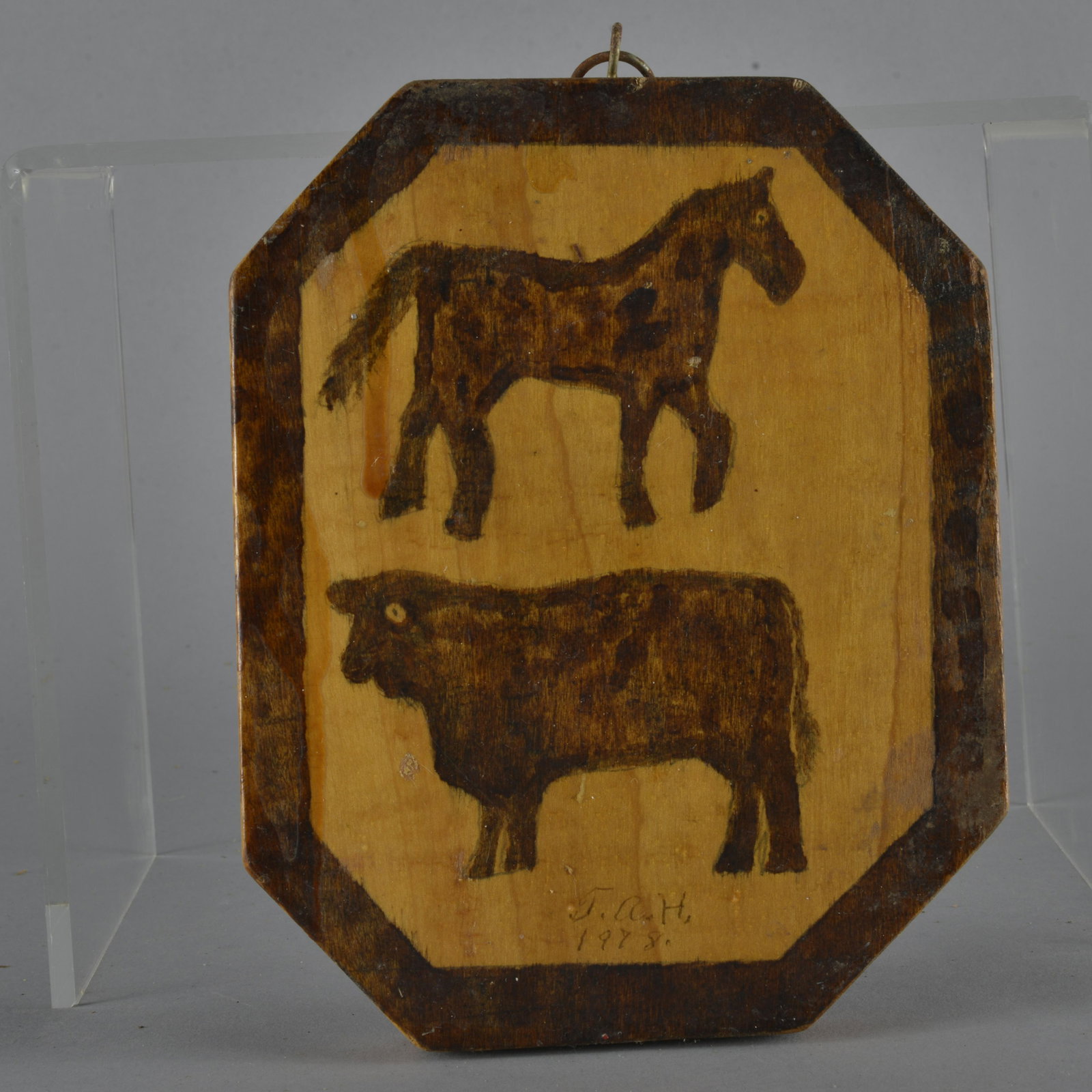 TA Hays folk art on wood: mixed media on wood signed and dated 1978- 8 1/2" x 6 1/2"