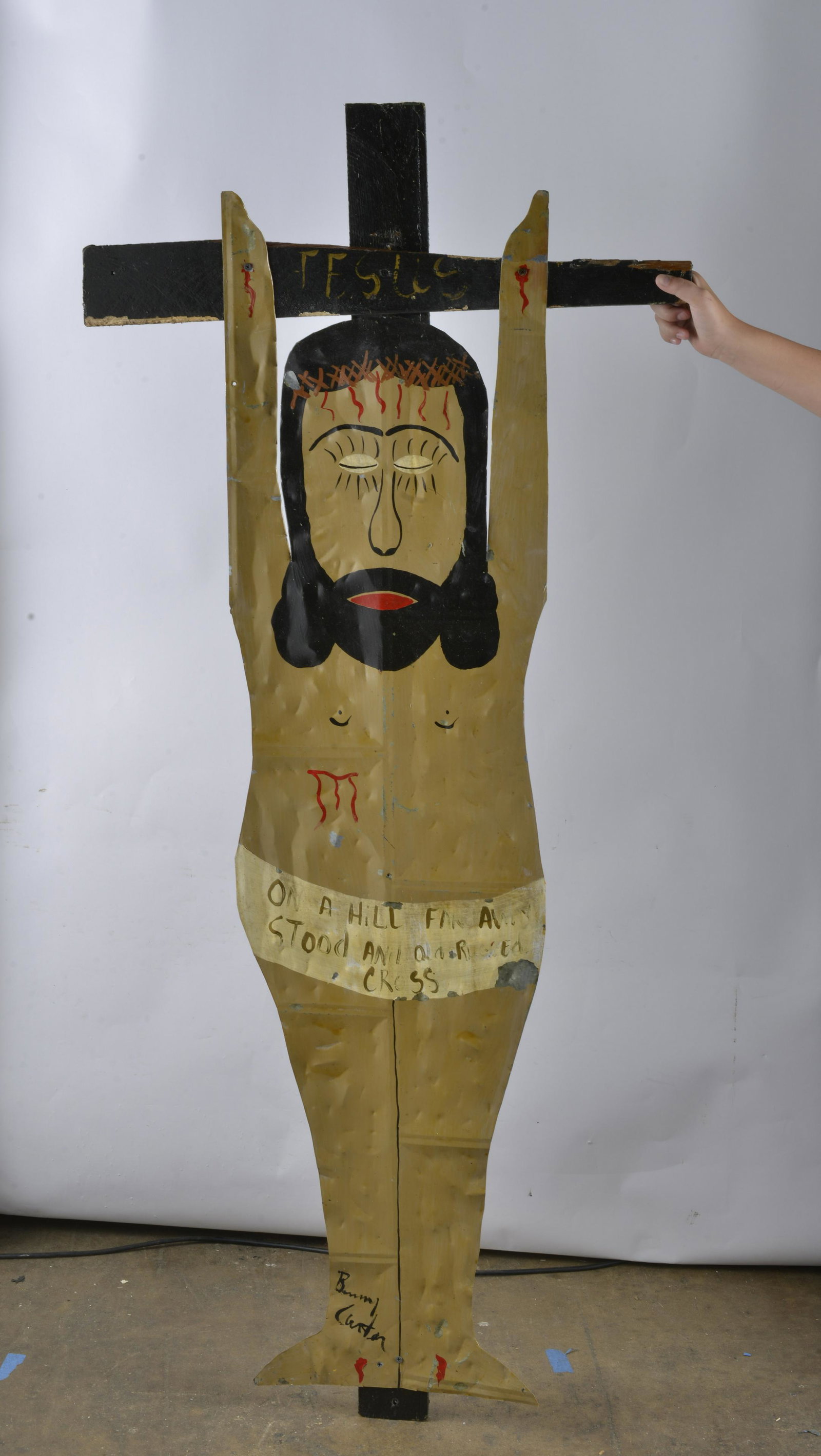 Benny Carter Folk Art: cut tin and paint, this is an environmental piece from his original outside of his house, this item has outdoor ware. - 26" x 61"
