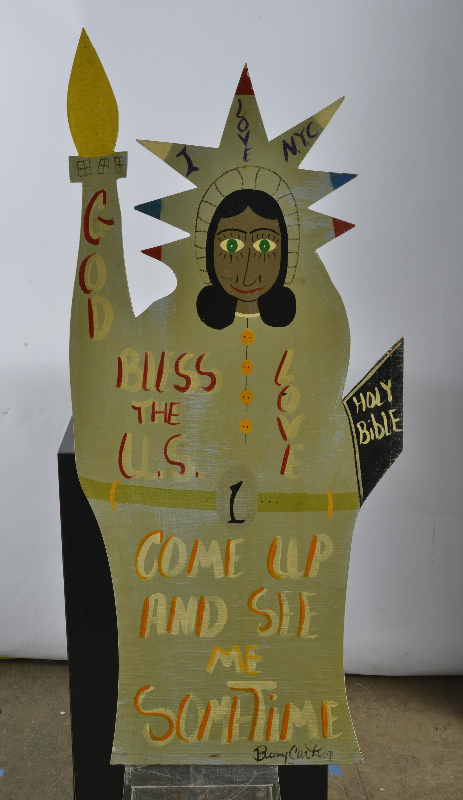 Benny Carter Folk Art: cut out plywood and paint. Environmental piece with wear. 21 1/2" x 48"