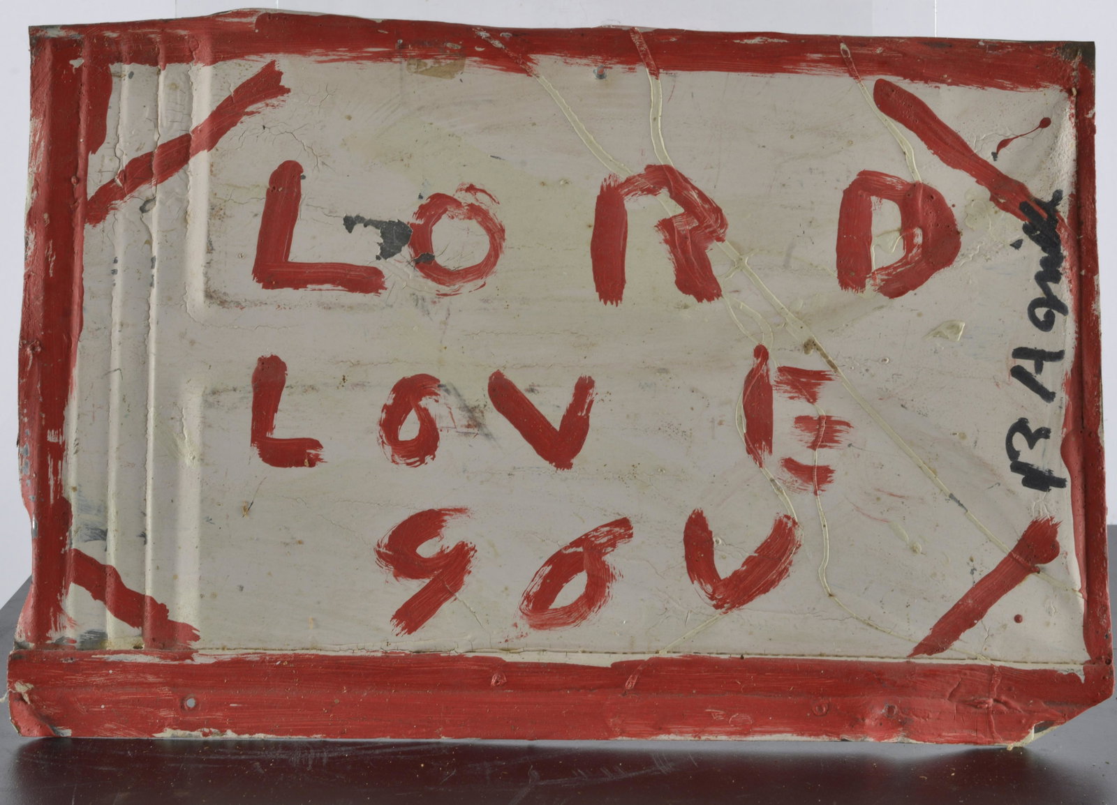 RA Miller Folk Art: paint on roof tin, signed.- 14" x 9"