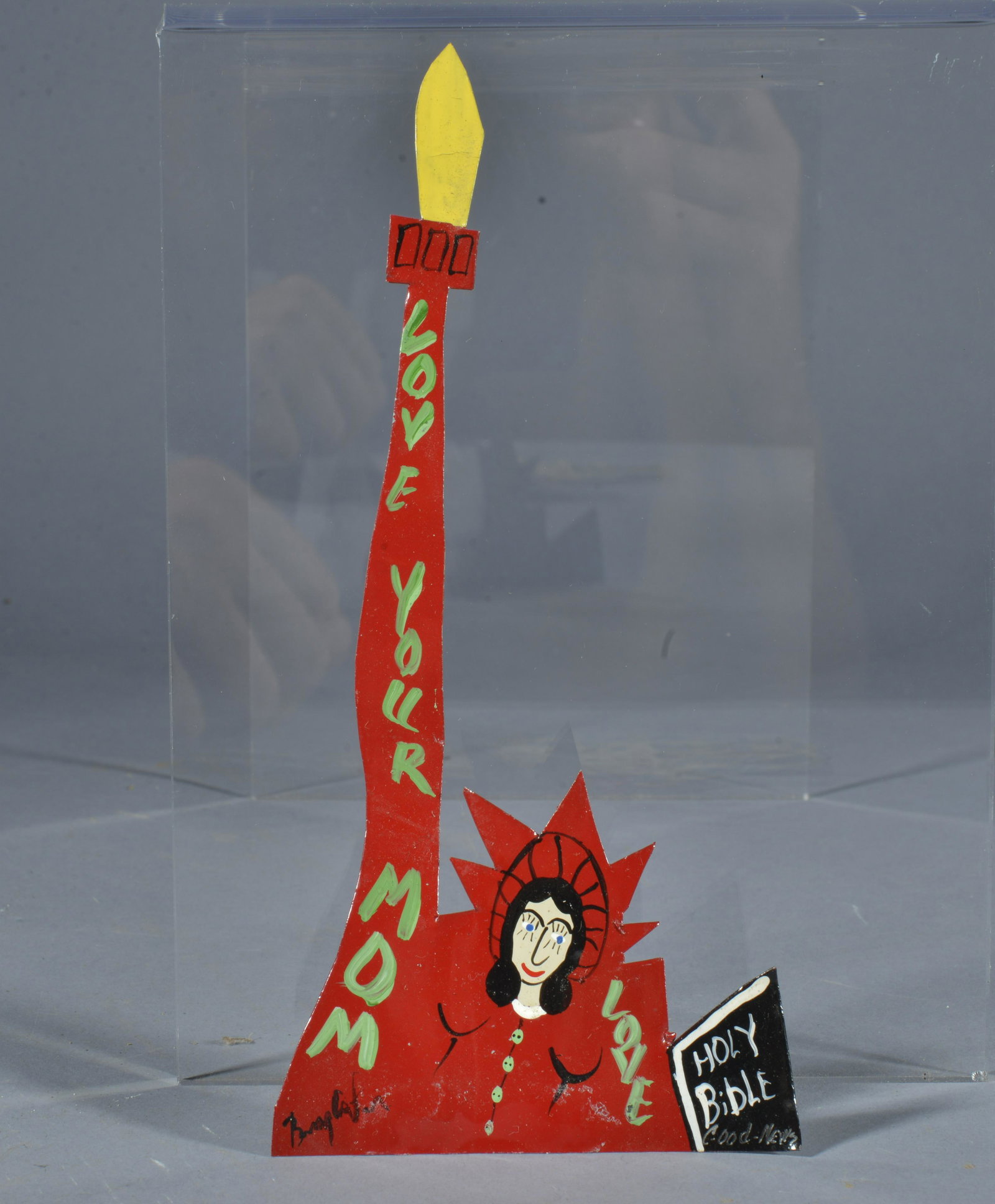 Benny Carter Folk Art: rare miniature tin cutout of statue of liberty signed and painted by Benny- Height 7 3/4" Width at base 3 1/2"