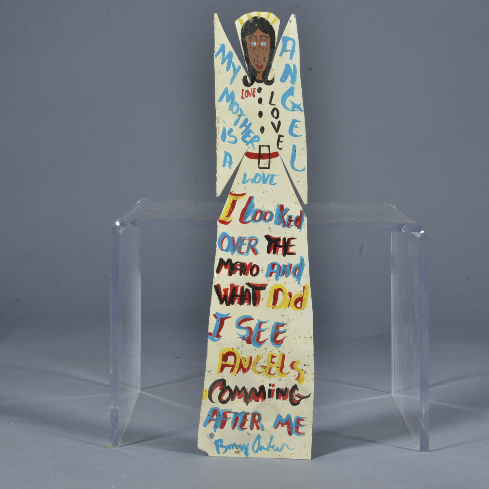 Benny Carter Folk Art: rare miniature angel tin cutout - cut and painted by Benny. 11" Tall