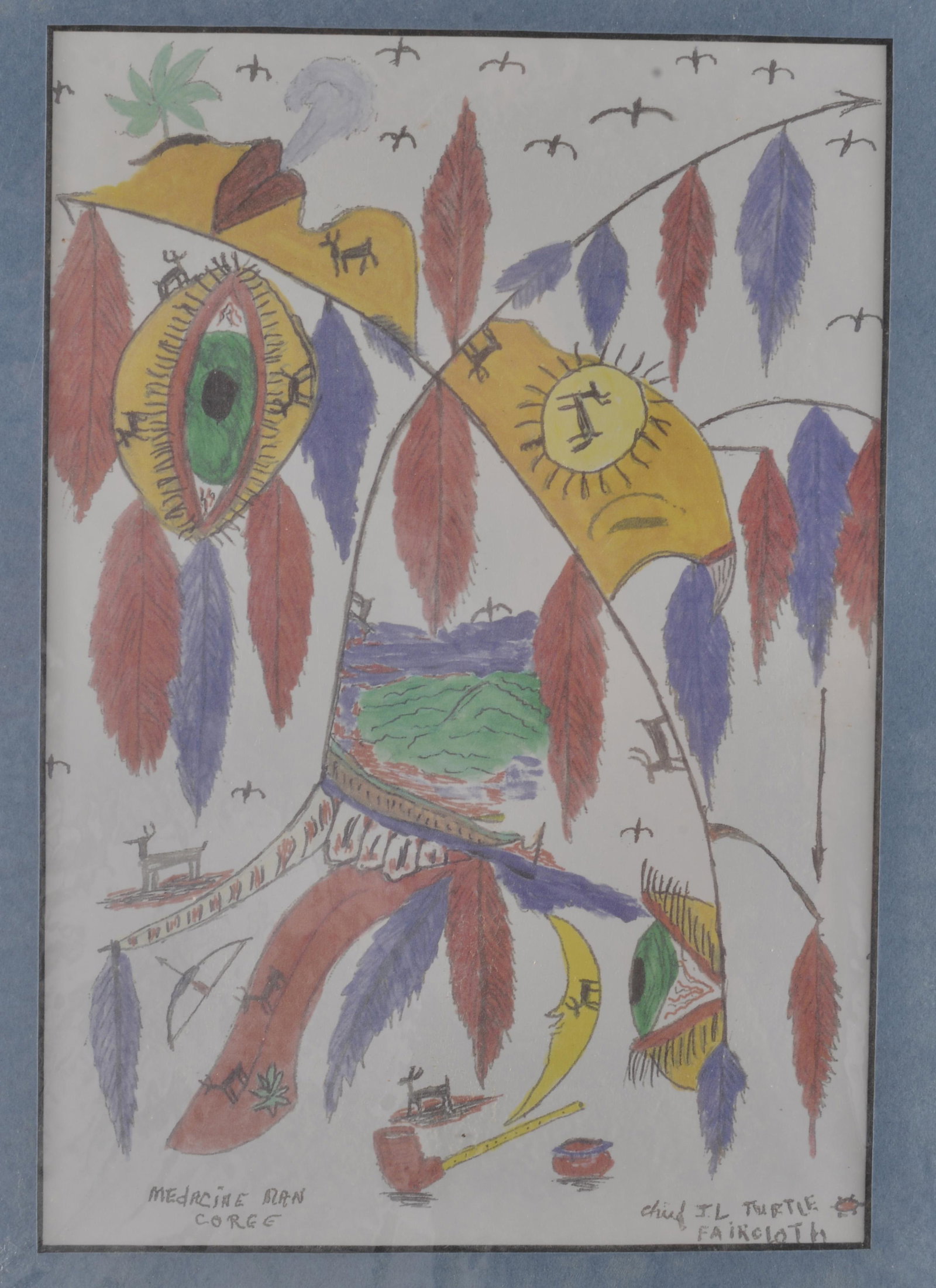 Chief Turtle Indian Drawing: mixed media on paper, matted. Signed lower right- 9" x 11"