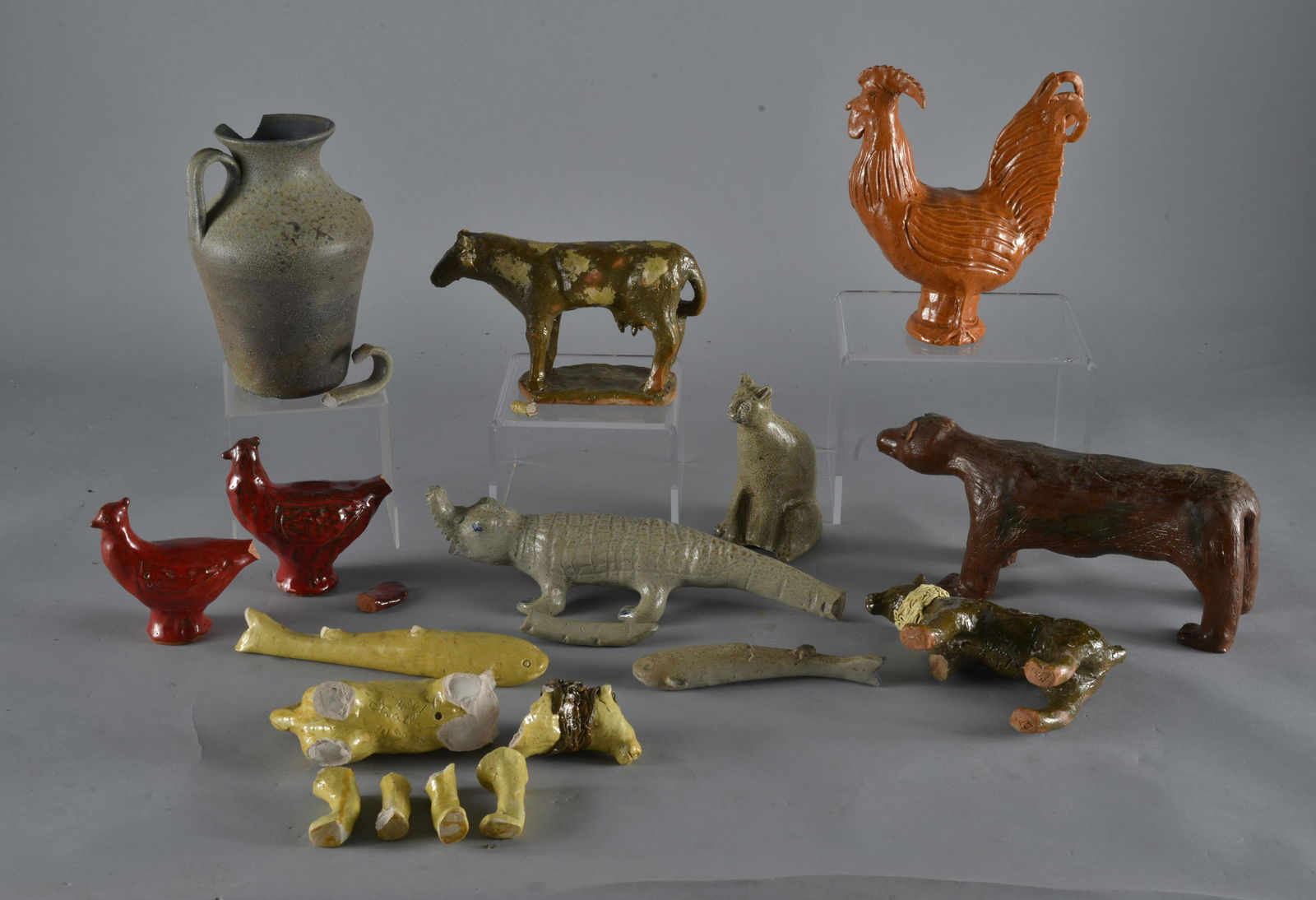 Charles Moore Broken Pottery Group, Nice Cross-Section.: All are by Charles Moore and all are broken and need repairs, all sales are final on all lots in this auction- vase is 9", orange rooster is 8 1/2" Tall. Ron Causey really celebrated the work of Benny