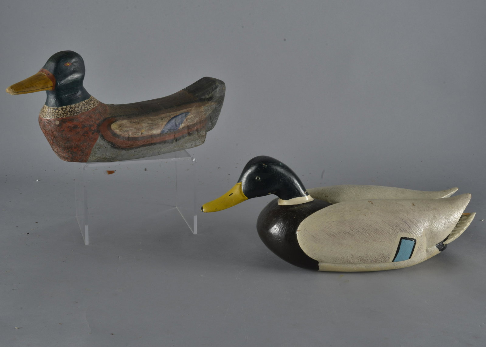 Antique Duck Decoy Group: carved wood, origin unknown, one is signed - Largest is 19" Height to top of head 8"