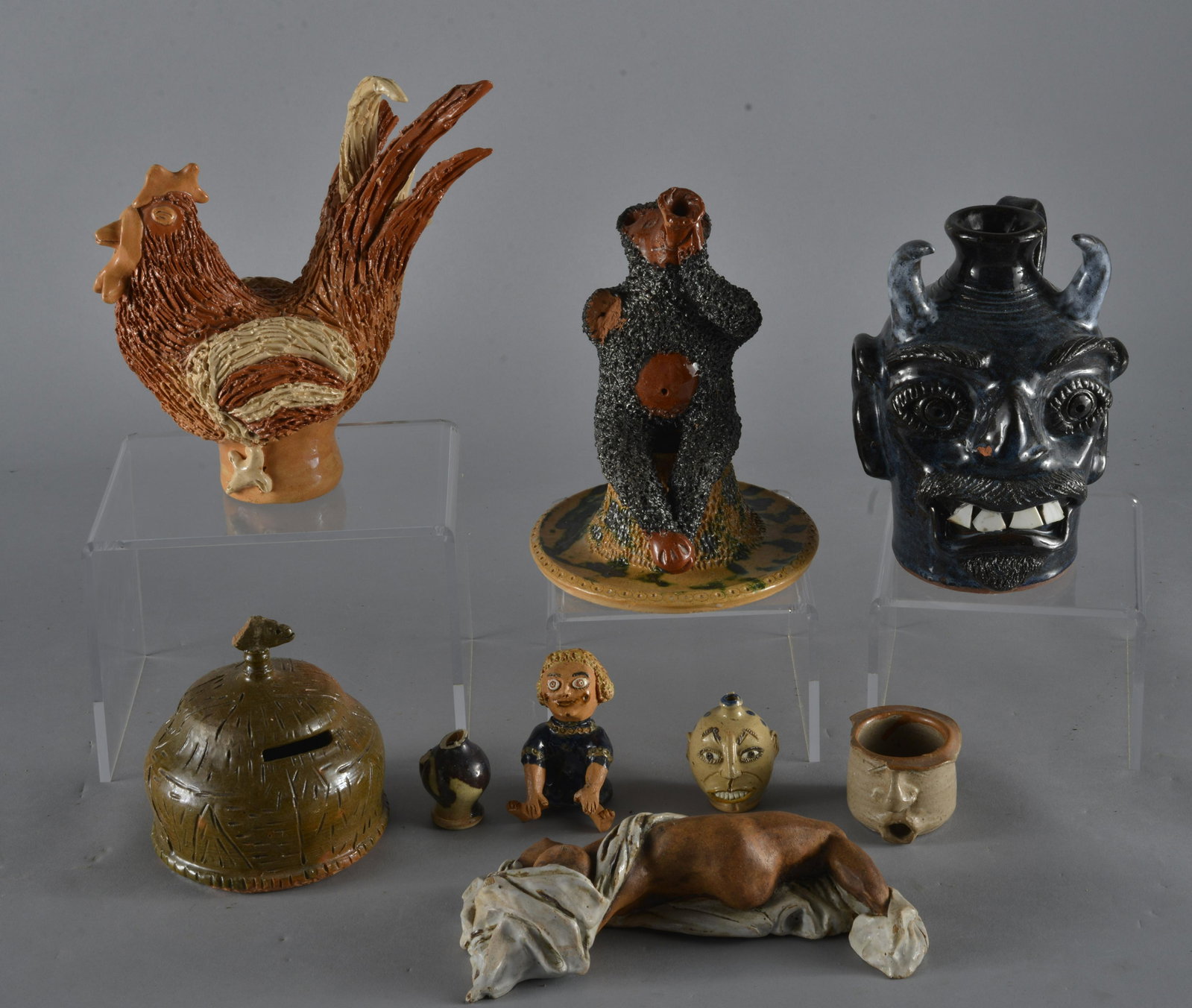 Billy Ray Hussey Pottery Grouping DAMAGE, Stanley Ferguson Devil Face Jug: All items have damage, sold as is all sales are final- Devil Face Jug is a work by GA potter Stanley Ferguson 7" tall.