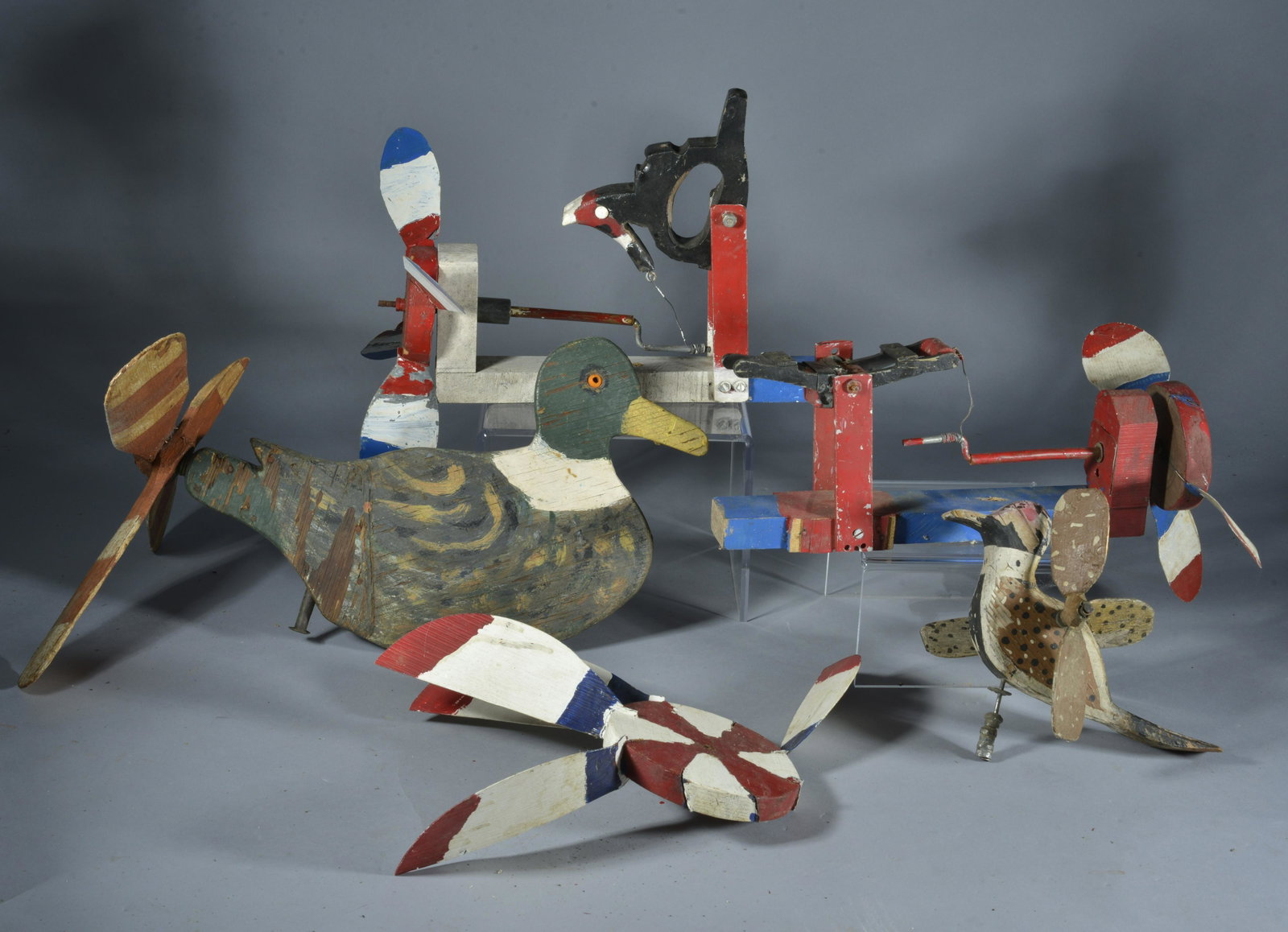 Folk Art Whirligig Group: folk art Whirligigs with losses some are parts only - a cool folky group- largest duck is 14" x 10"