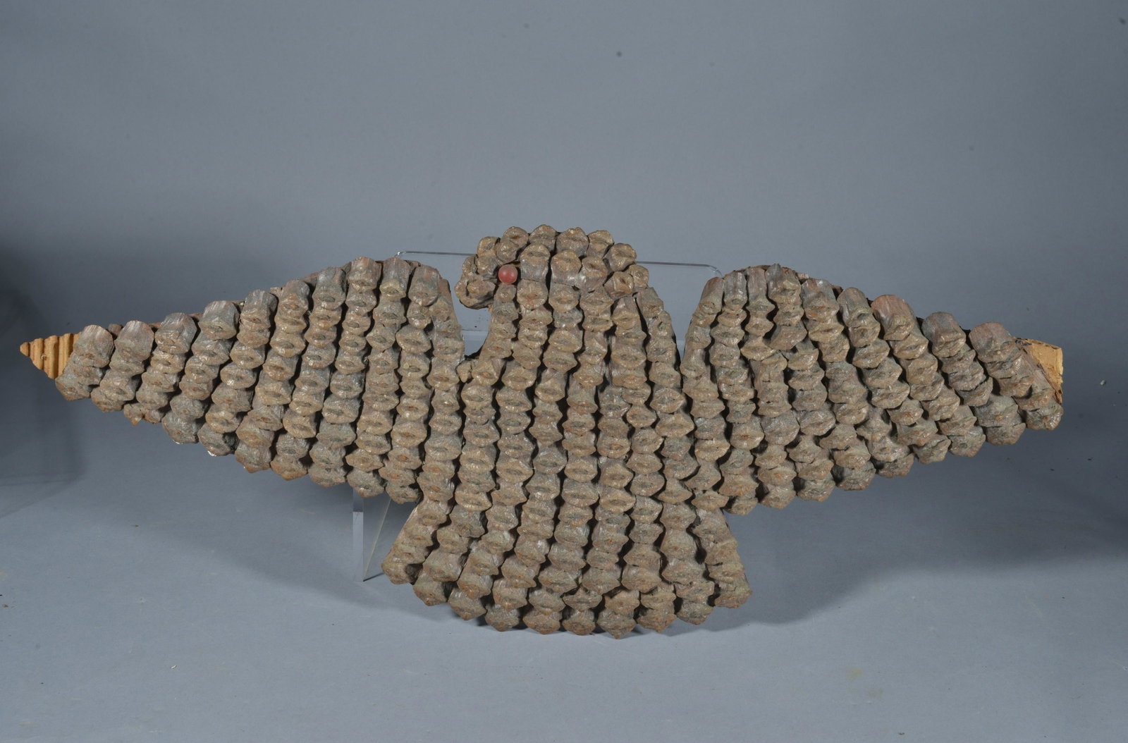 folk art pine cone eagle: ca. 1960 pine cone eagle with small losses to tips of wings. - 22" x 9"