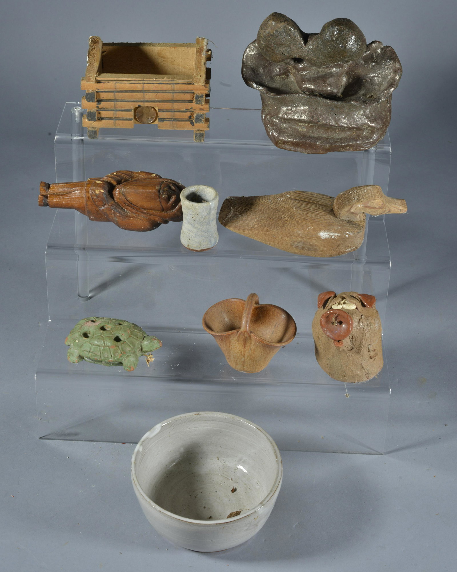 Folk Art Pottery Grouping and other: wood and pottery items, most items are in good condition please see photos.- Frog is 5" x 5"