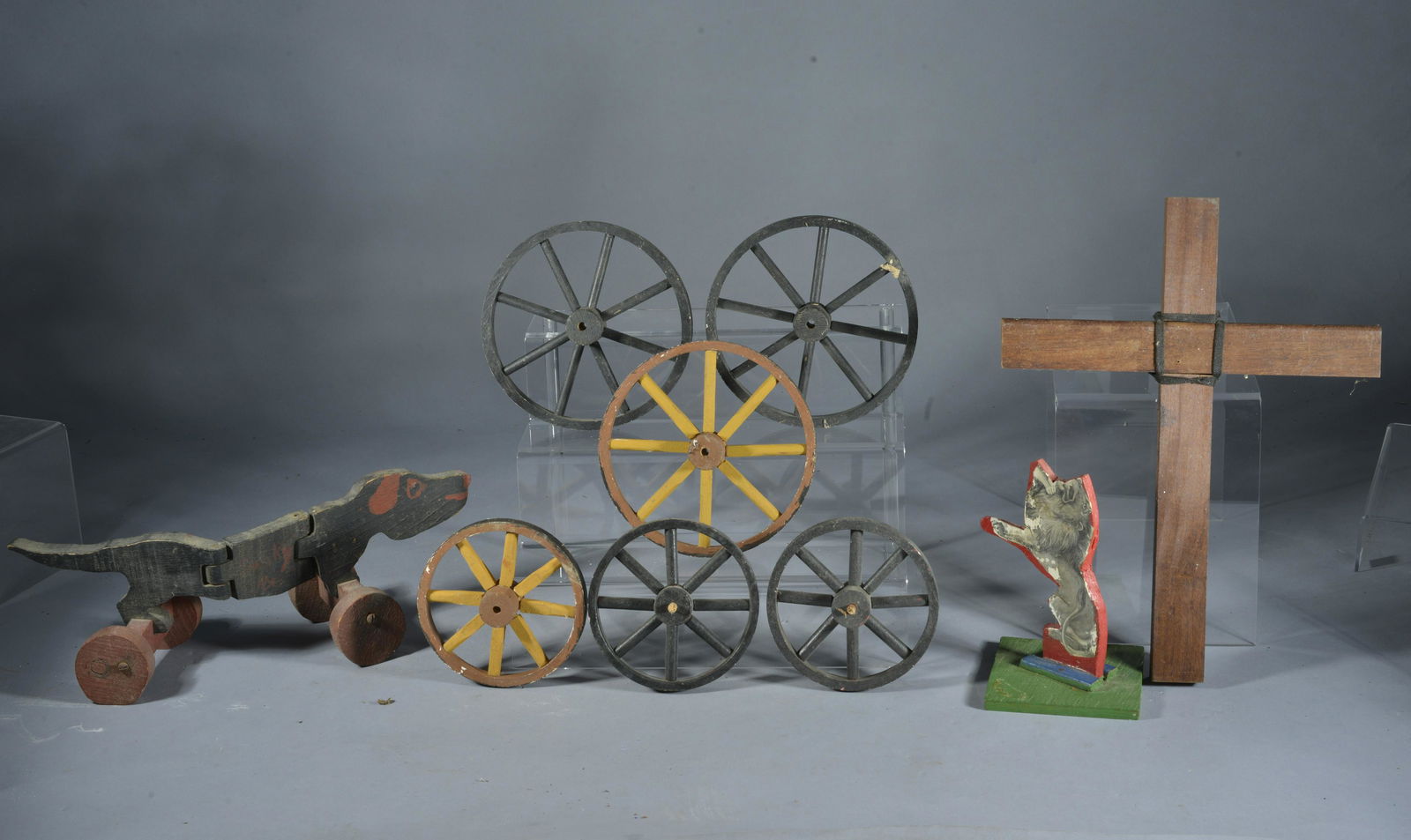 Folk Art Grouping: wooden pull toy is missing a pin that holds it together, wheels are wood, items have loss- cross is 14" x 11"