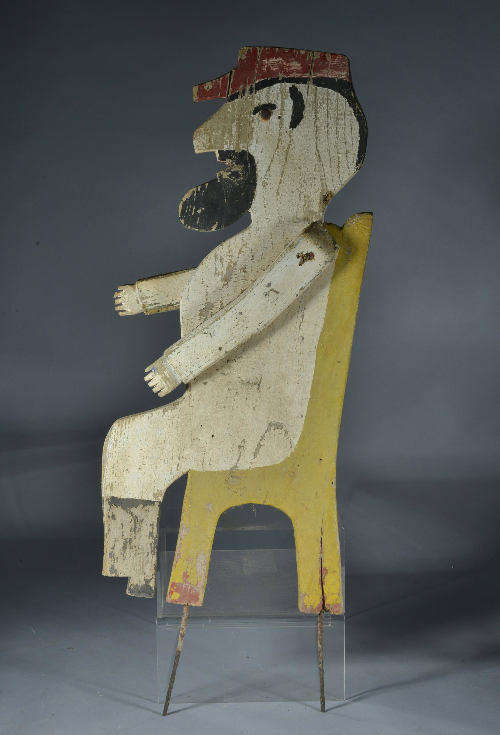 Folk Art Wooden yard sign: wood and paint, lots of ware as this was an environmental item- Height including metal rod is 35" Length 12"