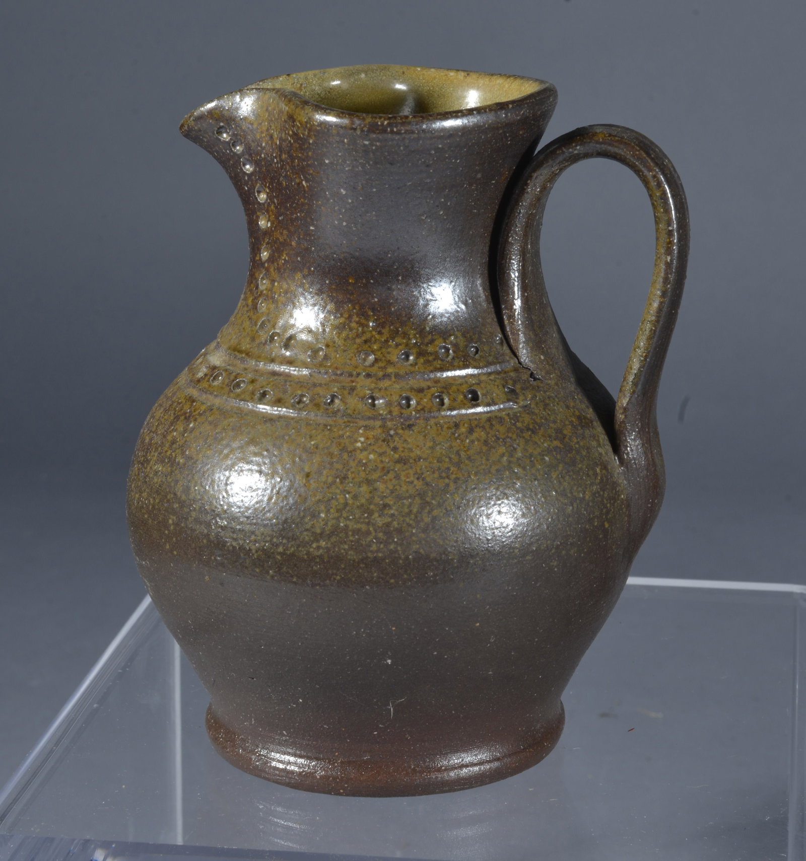 Vernon Owens Jugtown Decorated Salt Glaze Miniature Pitcher: One of the nicest Vernon minis one could find. Such incredible skill is demonstrated in this mini pitcher. Signed on bottom, dated 2004, and stands 4 3/4" x 3 3/4".