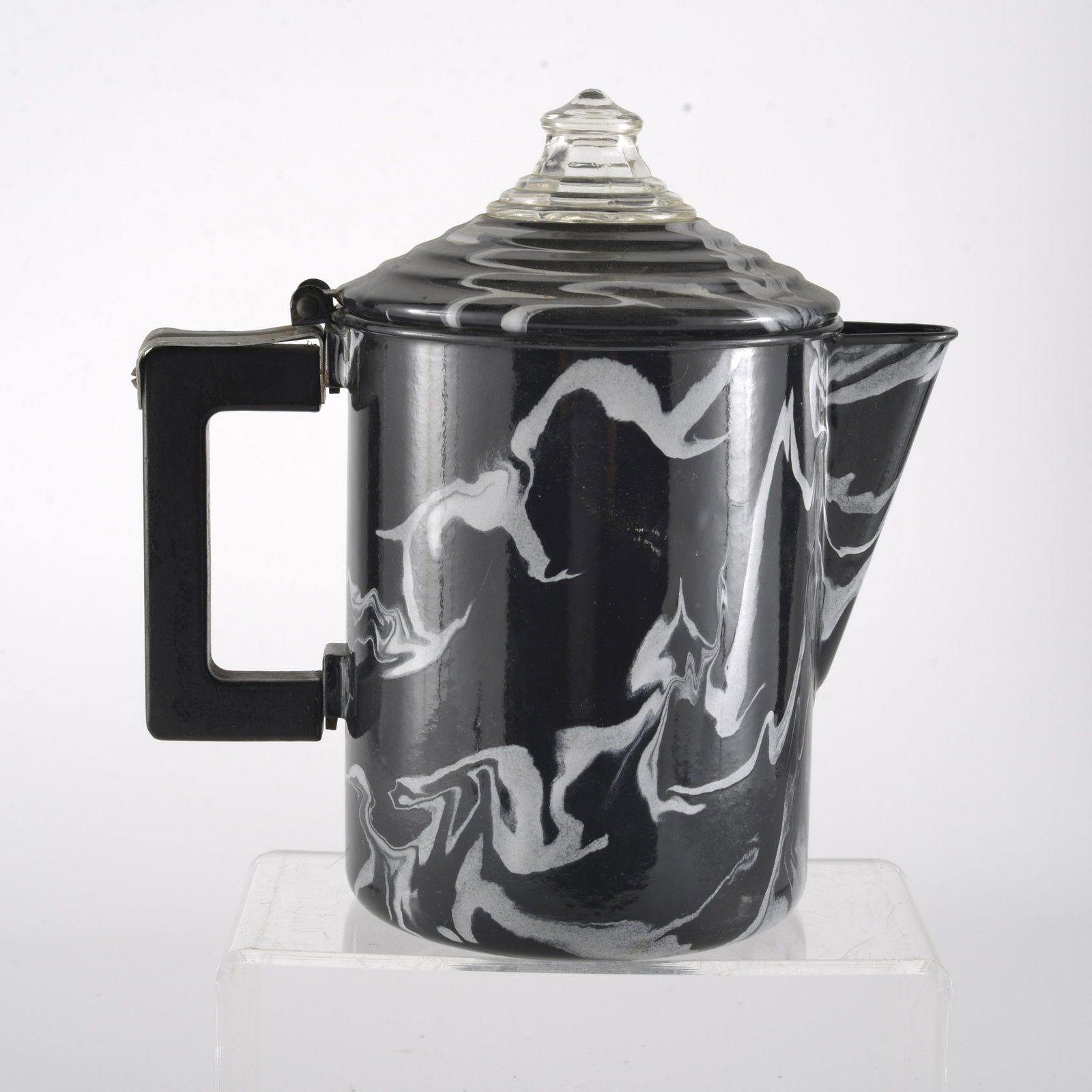 Black & White Swirl Enamelware Coffee Pot; Original Strainer insert; Original Sticker; Extremely (1 of 3)
