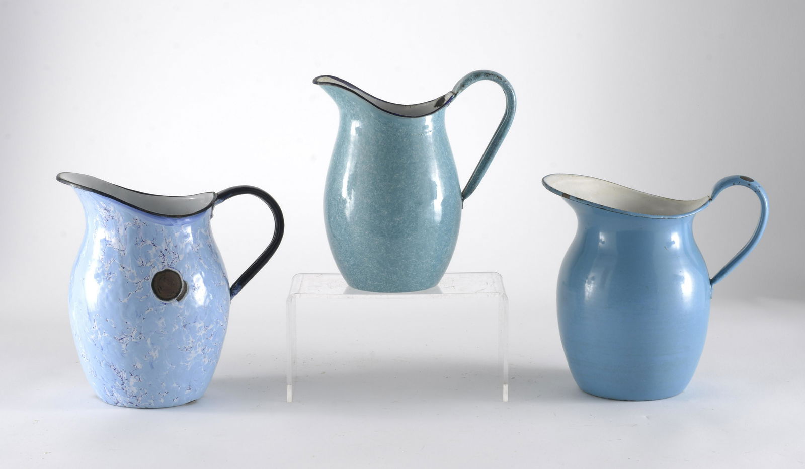 Three Blue & White Enamelware Water Pitchers (1 of 3)