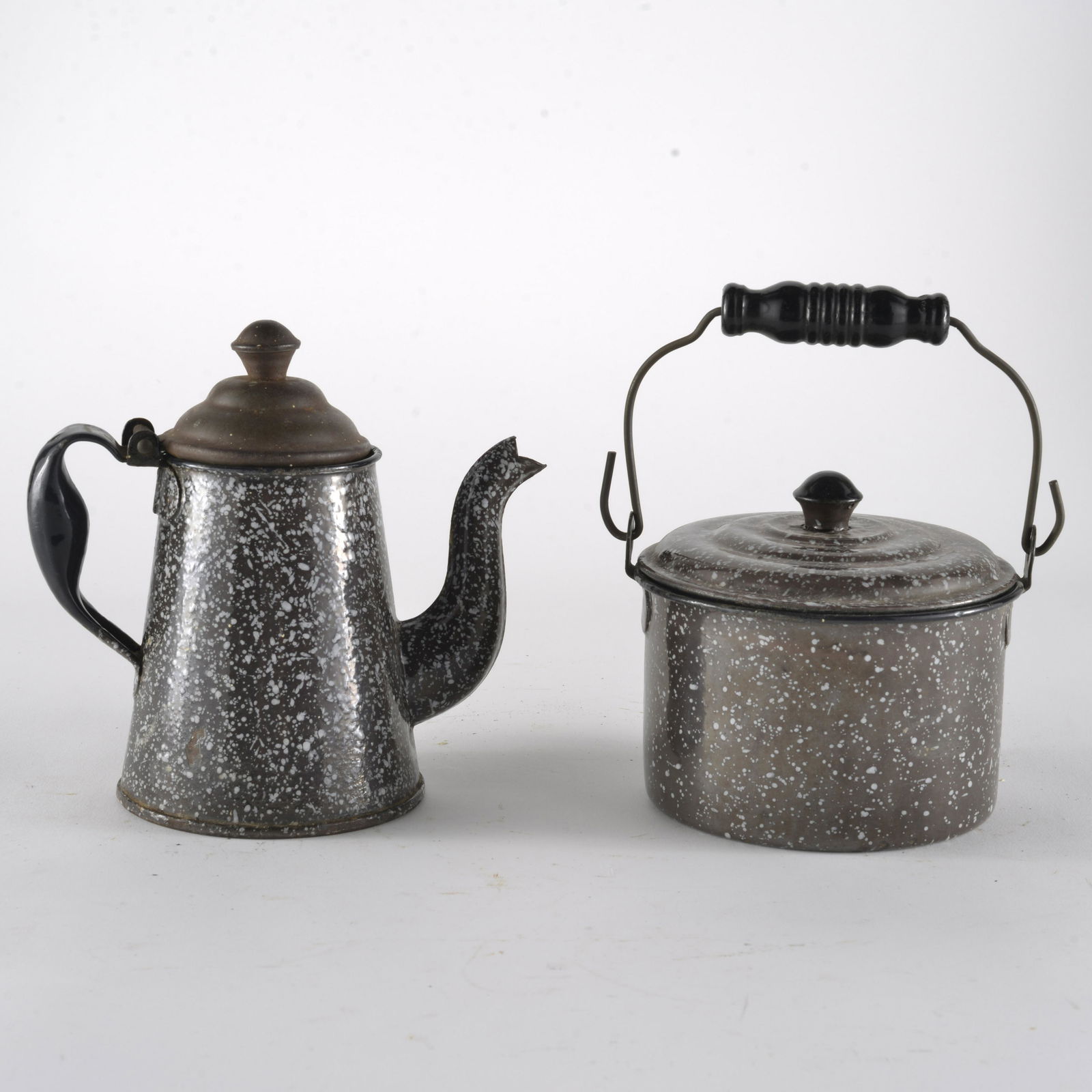 Brown & White Enamelware Gooseneck Coffee Pot; Brown & White Enamelware Bale Handle Berry Bucket (1 of 3)