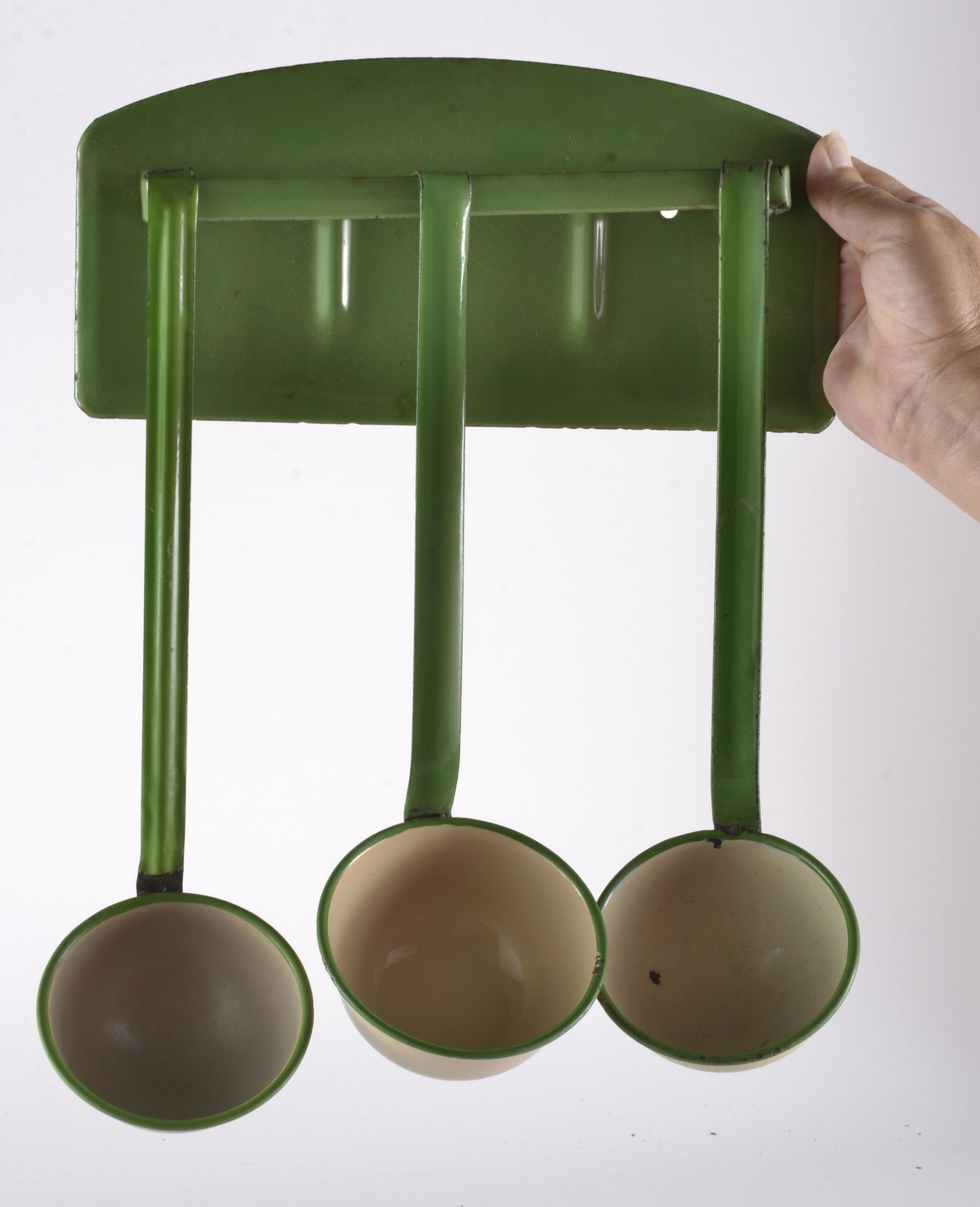 4 Piece Cream & Green Enamelware Utensil Dippers and Rack (1 of 3)