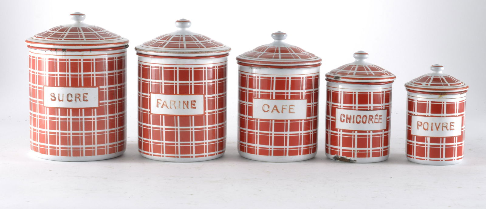 5 Piece Graduated Set of French Enamelware Cannister Red and White Crisscross Design (1 of 3)