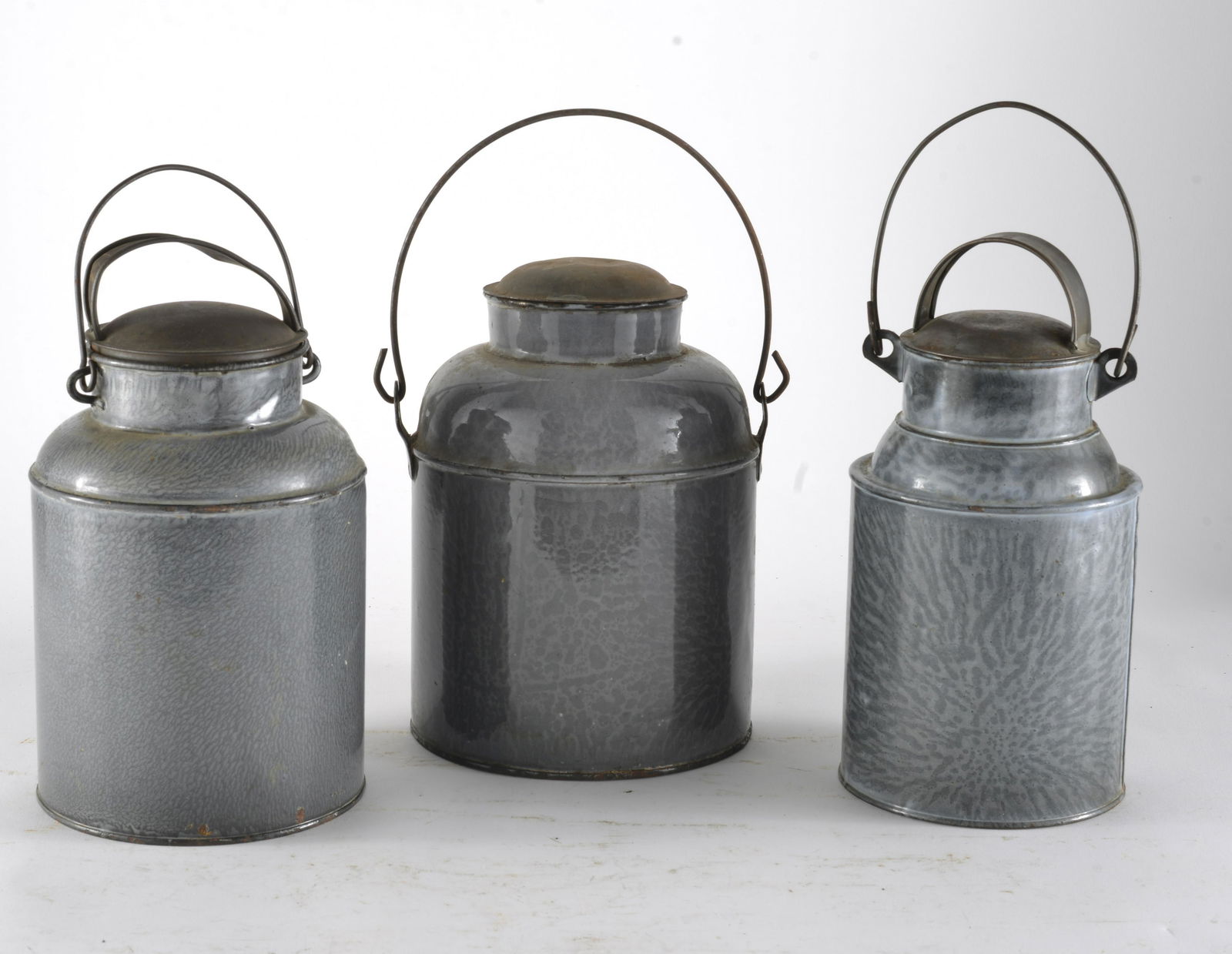 Three Gray Mottled  Enamelware Cream Buckets with Wire Handles (1 of 3)
