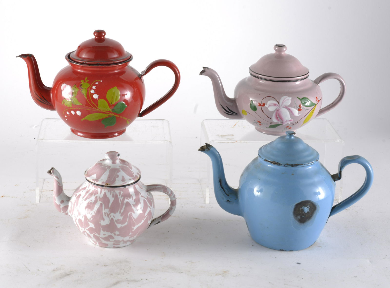 Four Assorted Hand Painted Enamelware Tea Pots (1 of 2)
