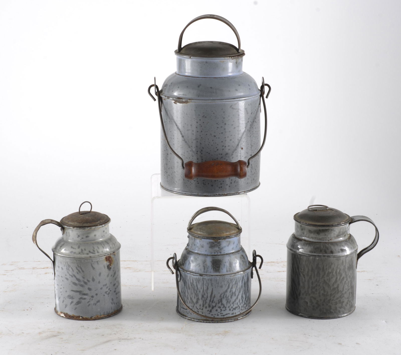Four Assorted Gray Enamelware Cream Buckets (1 of 3)