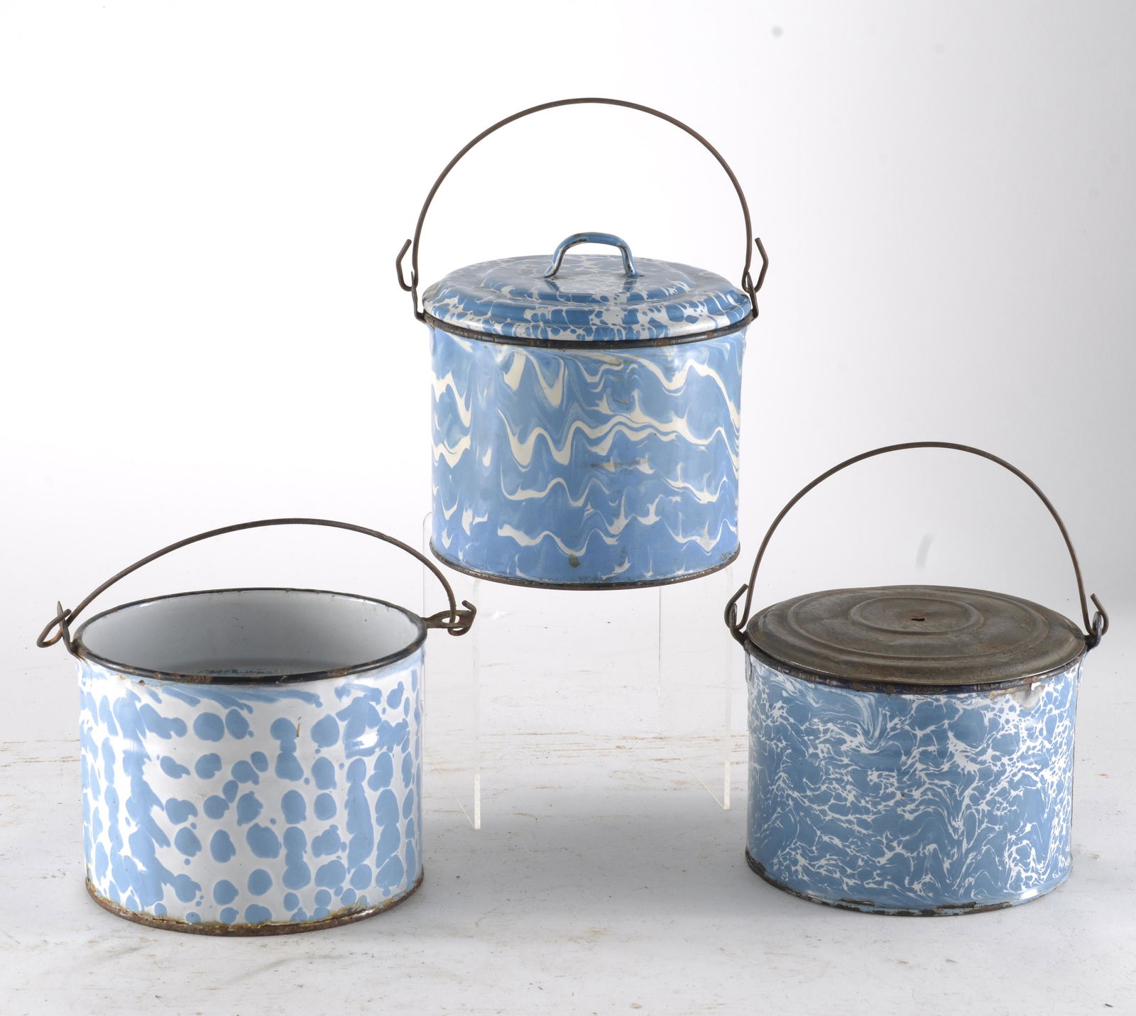 Three Light Blue and White Enamelware Berry Pail with Handles (1 of 2)
