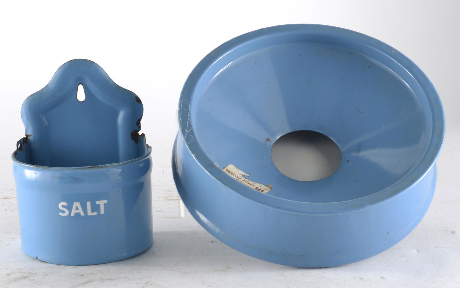 Two Piece  Solid Blue Enamelware Assorted Items-Salt Dispenser and Cuspidor (1 of 3)